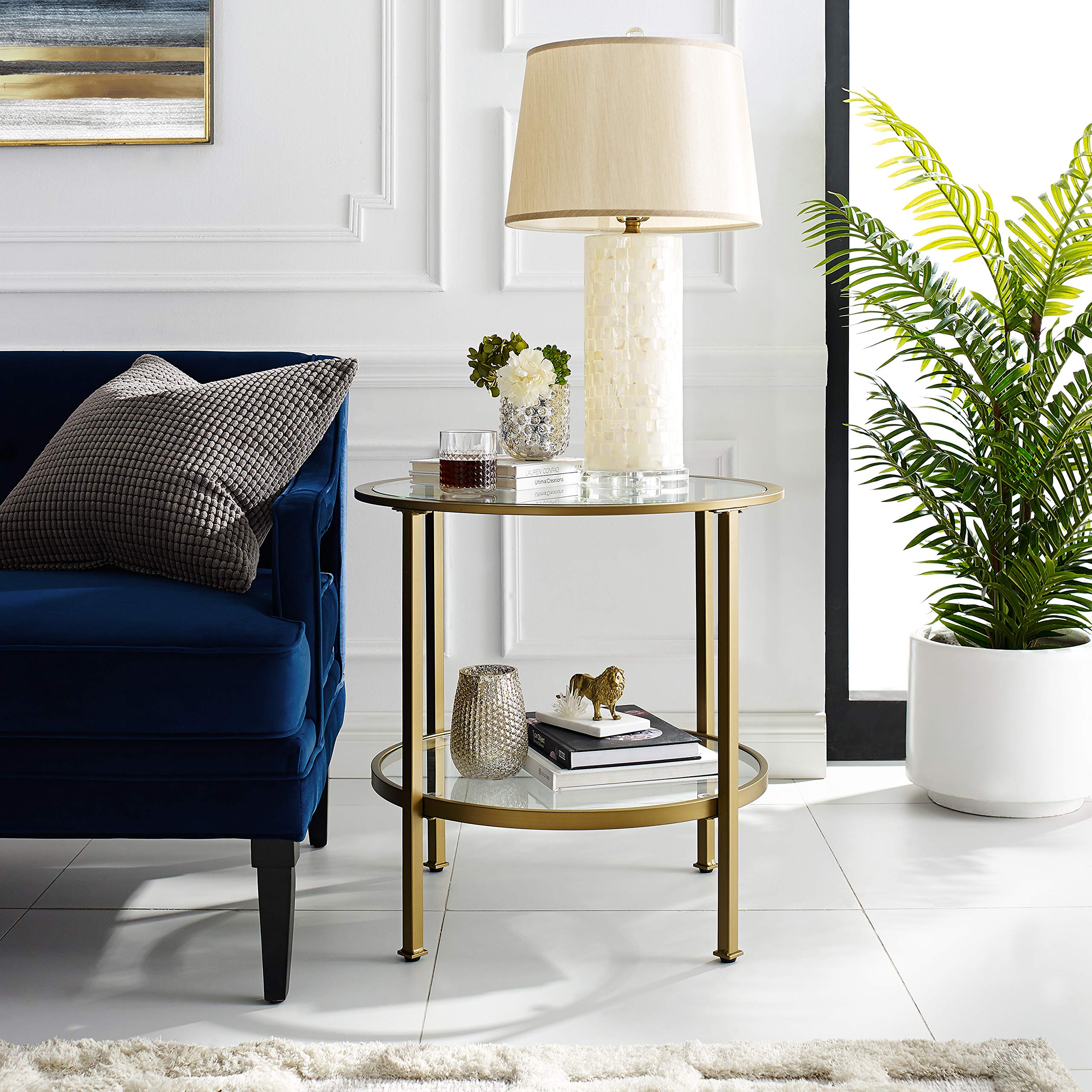 Crosley Furniture Aimee Small Side End Table with Storage Shelf for Living Room, Gold and Glass - Image 8