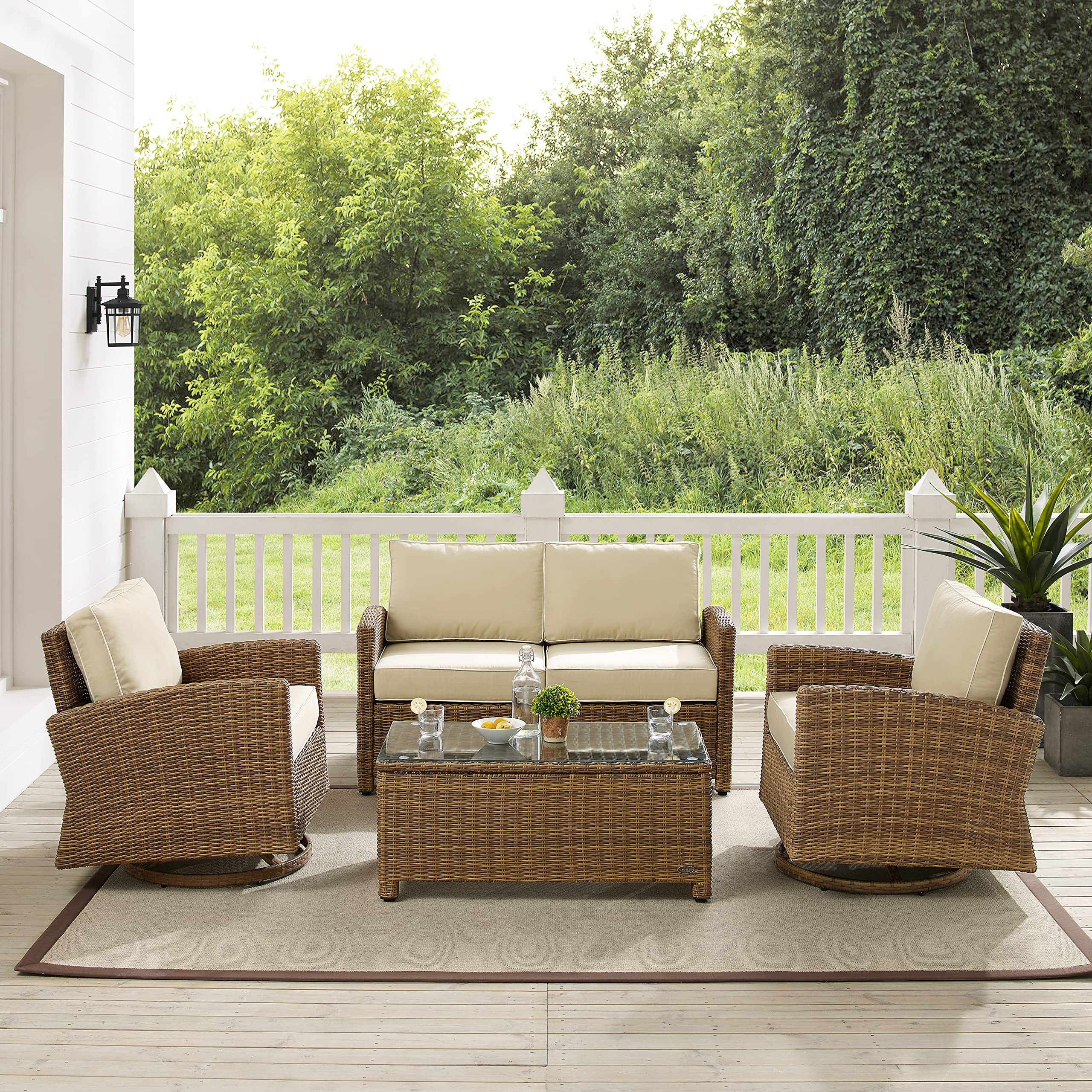 Crosley Furniture Bradenton 4-Piece Wicker Outdoor Loveseat and Swivel Rocker Patio Furniture Set for Porch, Brown with Sand Cushions - Image 6