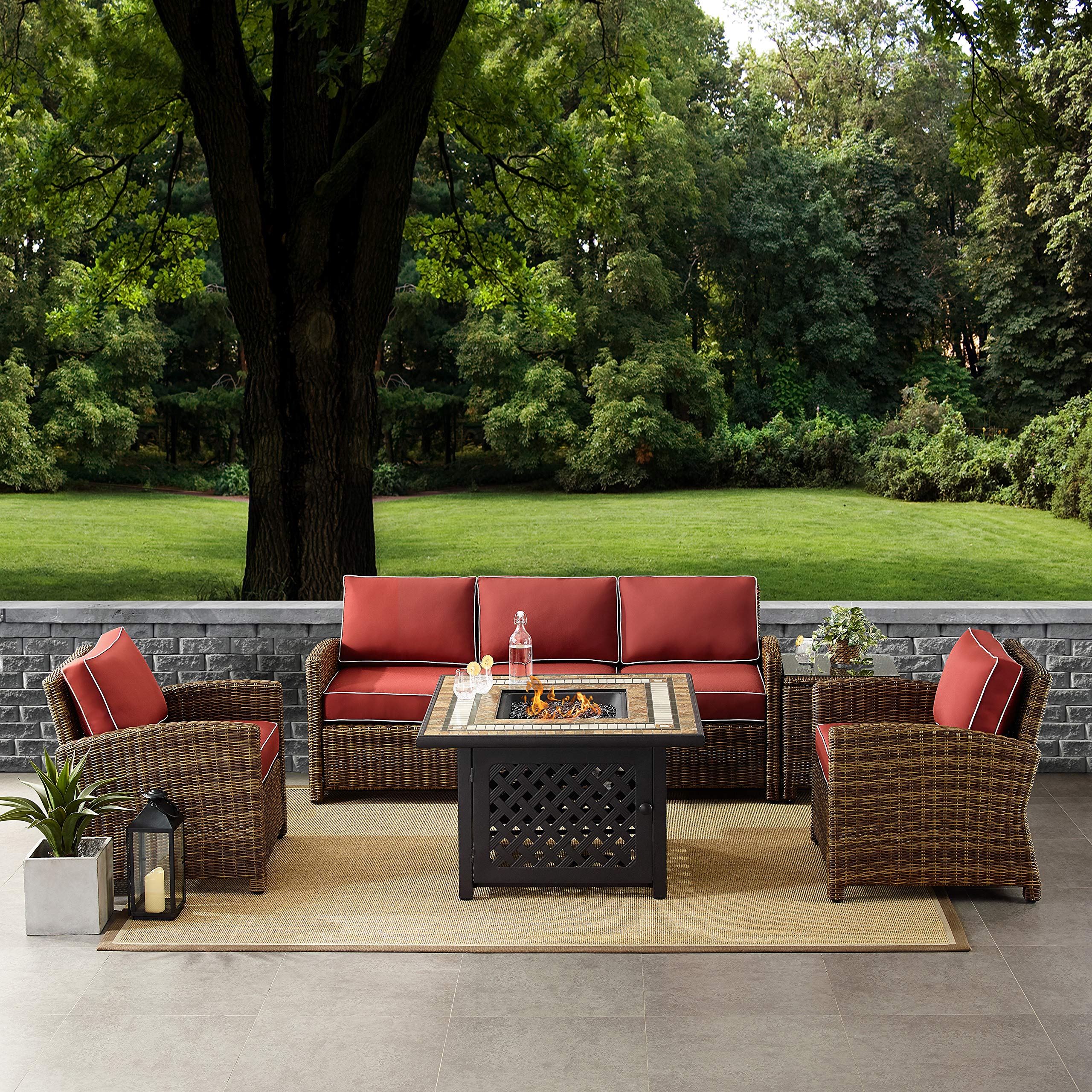 Crosley Furniture Bradenton 5-Piece Wicker Outdoor Sofa Patio Furniture Set with Propane Gas Fire Pit Table, Brown with Sangria Cushions - Image 6