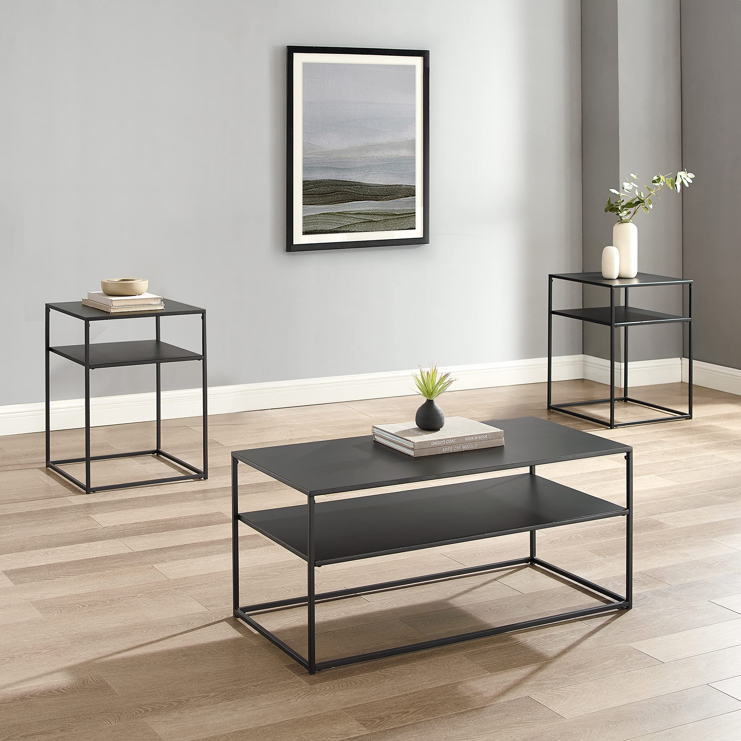Crosley Furniture Braxton 3-Piece Living Room Table Set with Coffee and Side Tables, Matte Black - Image 3