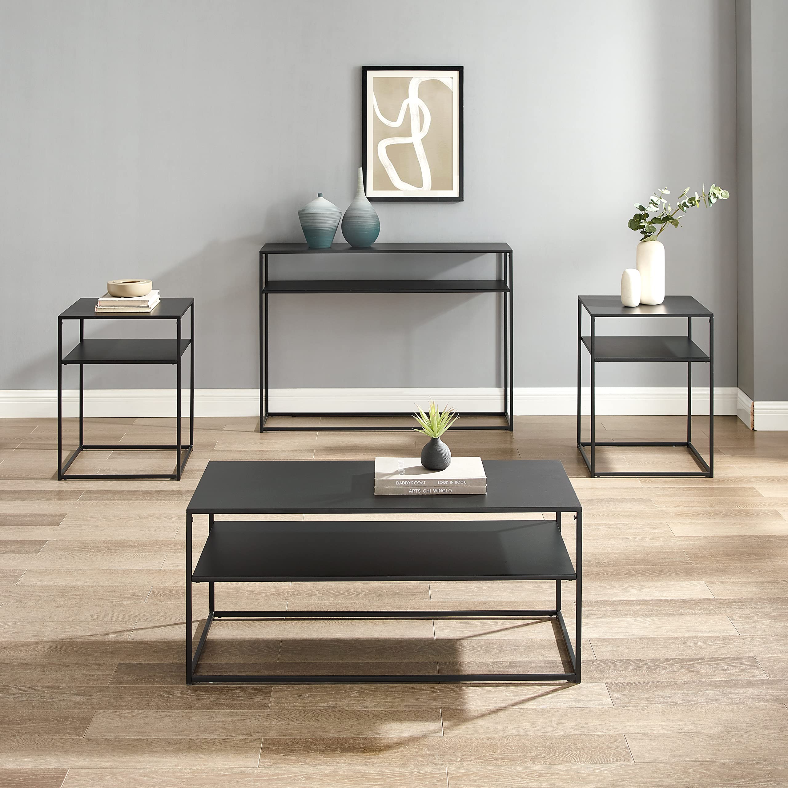 Crosley Furniture Braxton 4-Piece Coffee Table Set with Coffee, Side, and Sofa Tables, Matte Black - Image 4