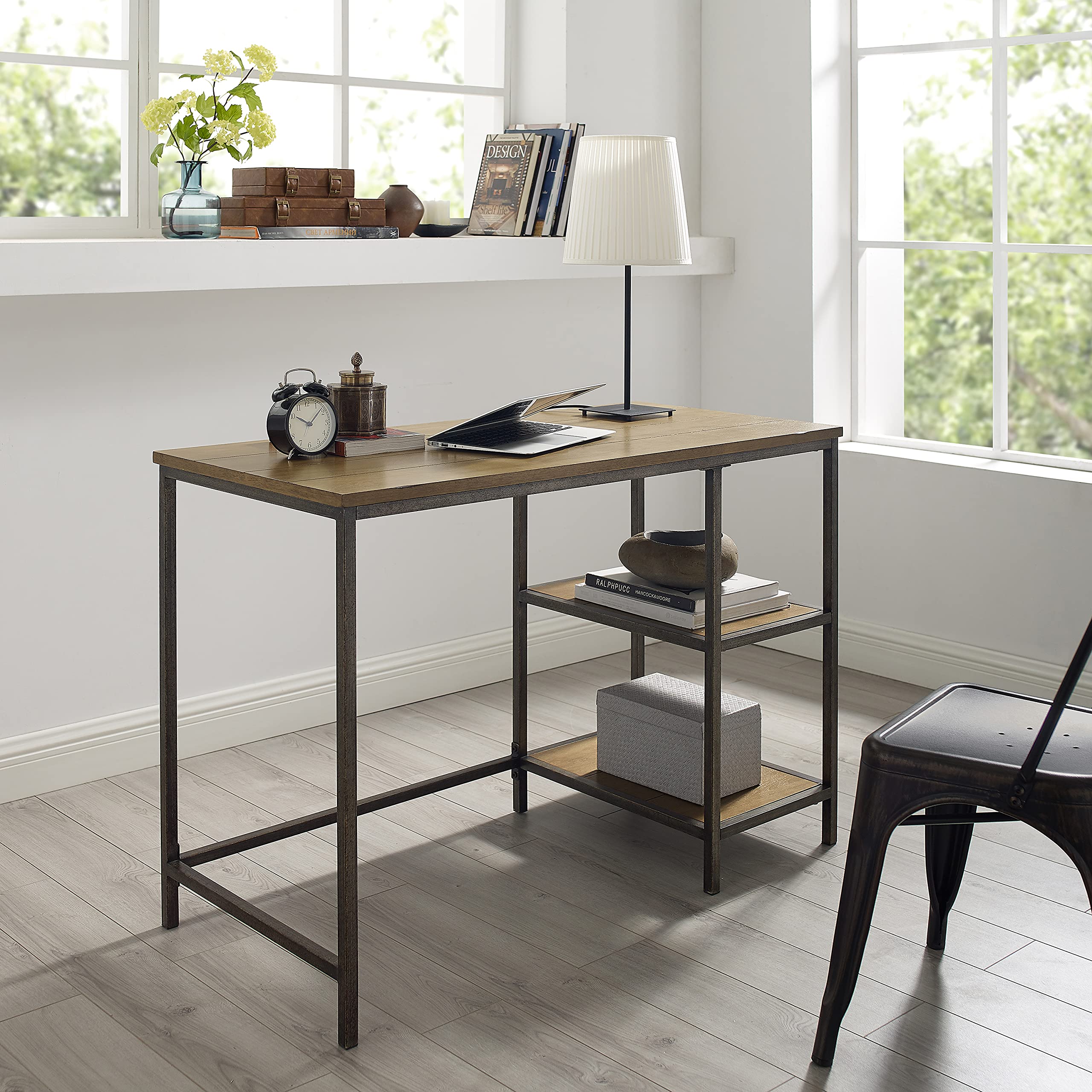 Crosley Furniture Brooke Small Home Office Desk with Storage Shelves, Washed Oak - Image 6