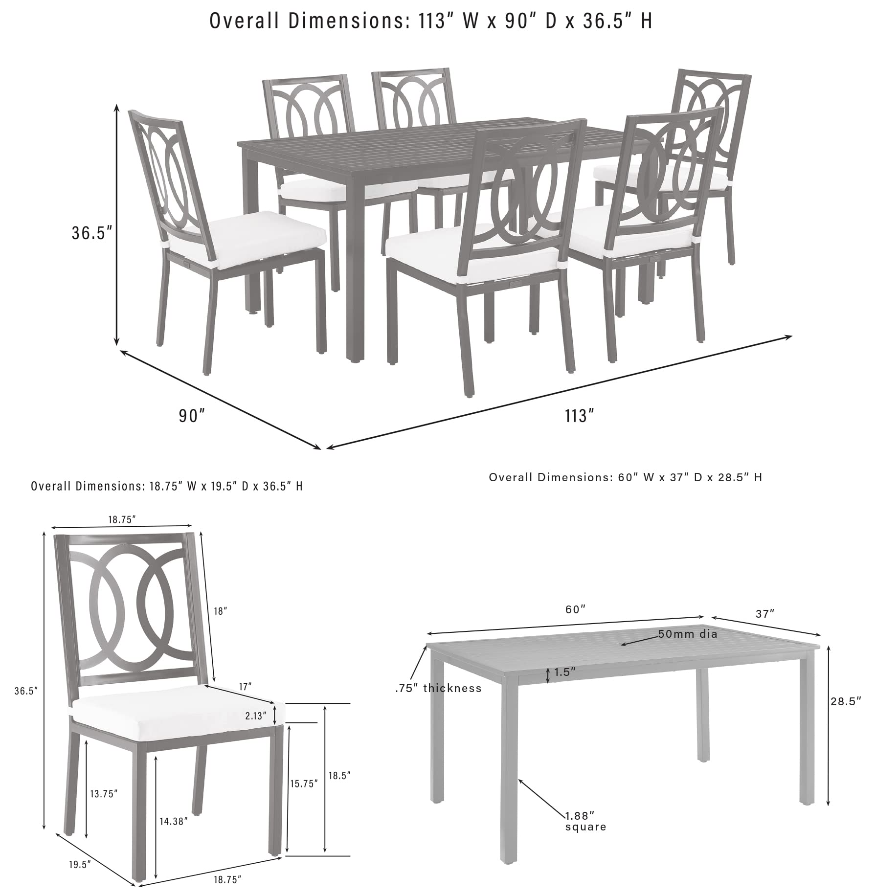 Crosley Furniture Chambers 7-Piece Outdoor Dining Set for 6, Patio Table and Chairs for Backyard, Deck, Matte Black with Creme Cushions - Image 6