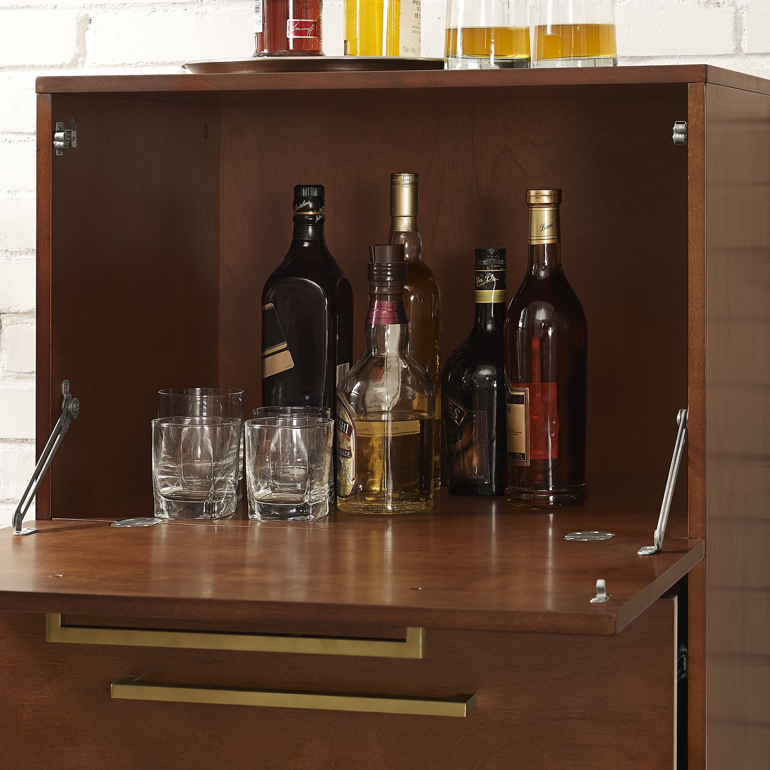 Crosley Furniture Everett Bar Cabinet with Storage Drawers and Fold Out Table, Vintage Mahogany - Image 9