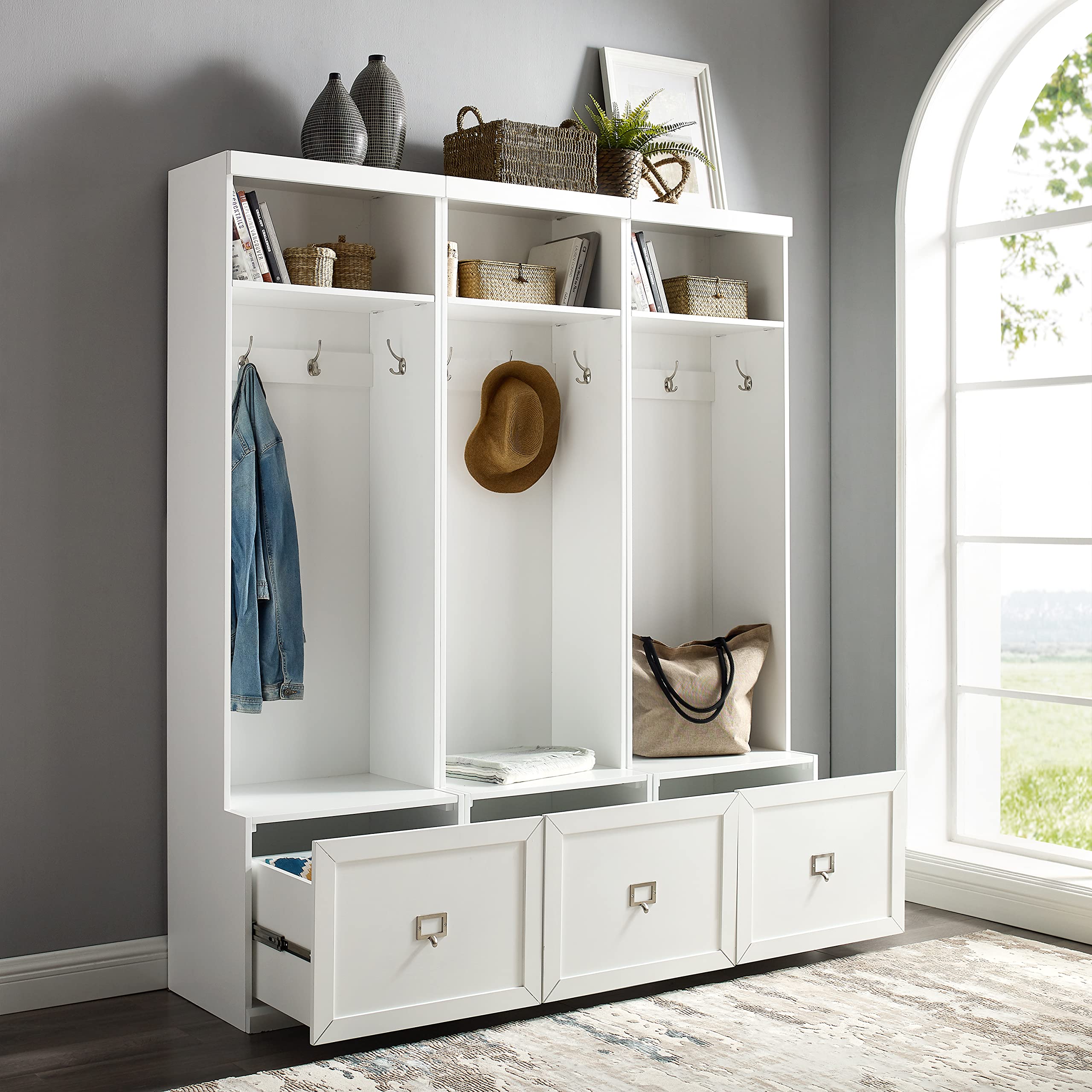 Crosley Furniture Harper 3-Piece Hall Tree Entryway Set with Storage Bench and Coat Rack Hooks for Hanging, White - Image 8