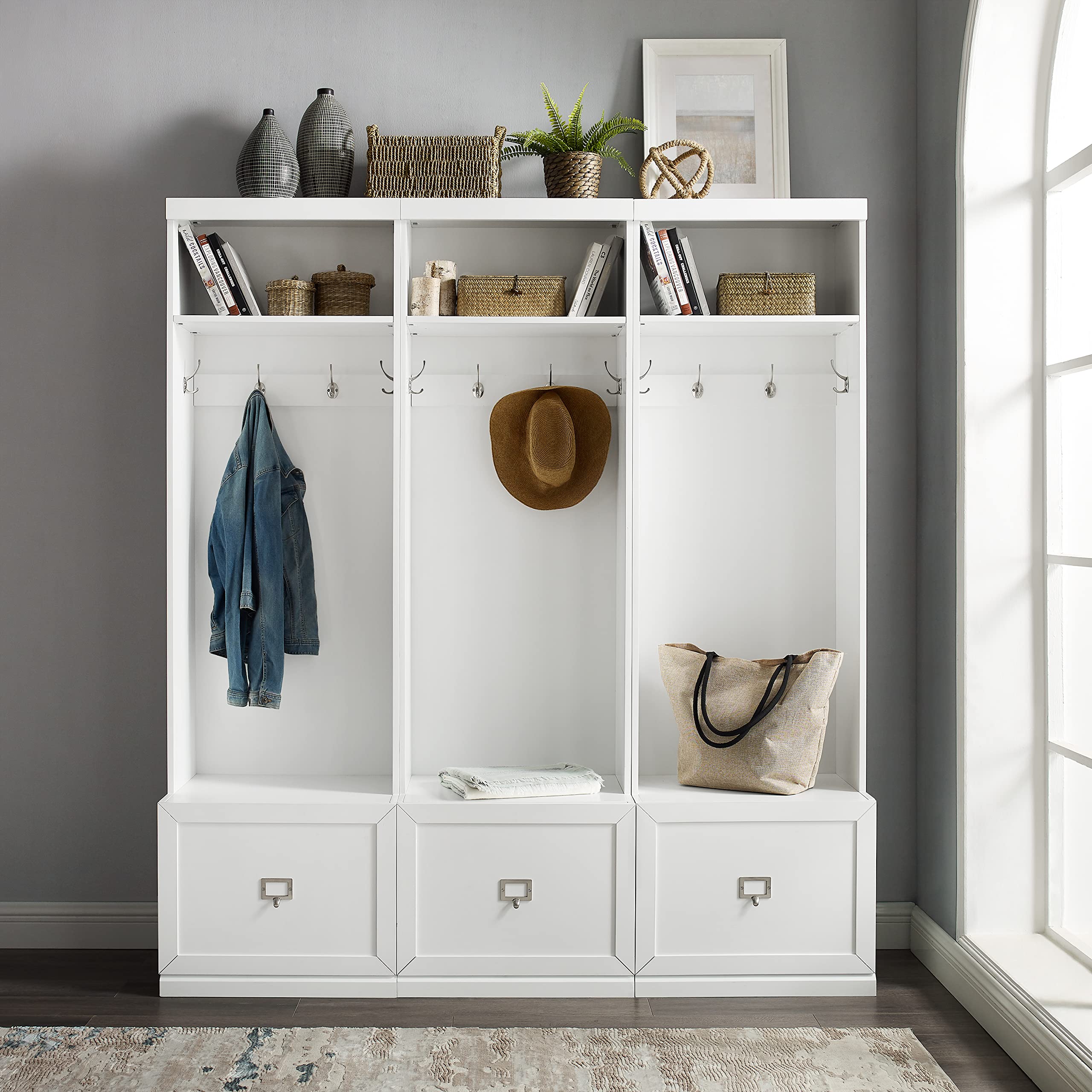 Crosley Furniture Harper 3-Piece Hall Tree Entryway Set with Storage Bench and Coat Rack Hooks for Hanging, White - Image 9