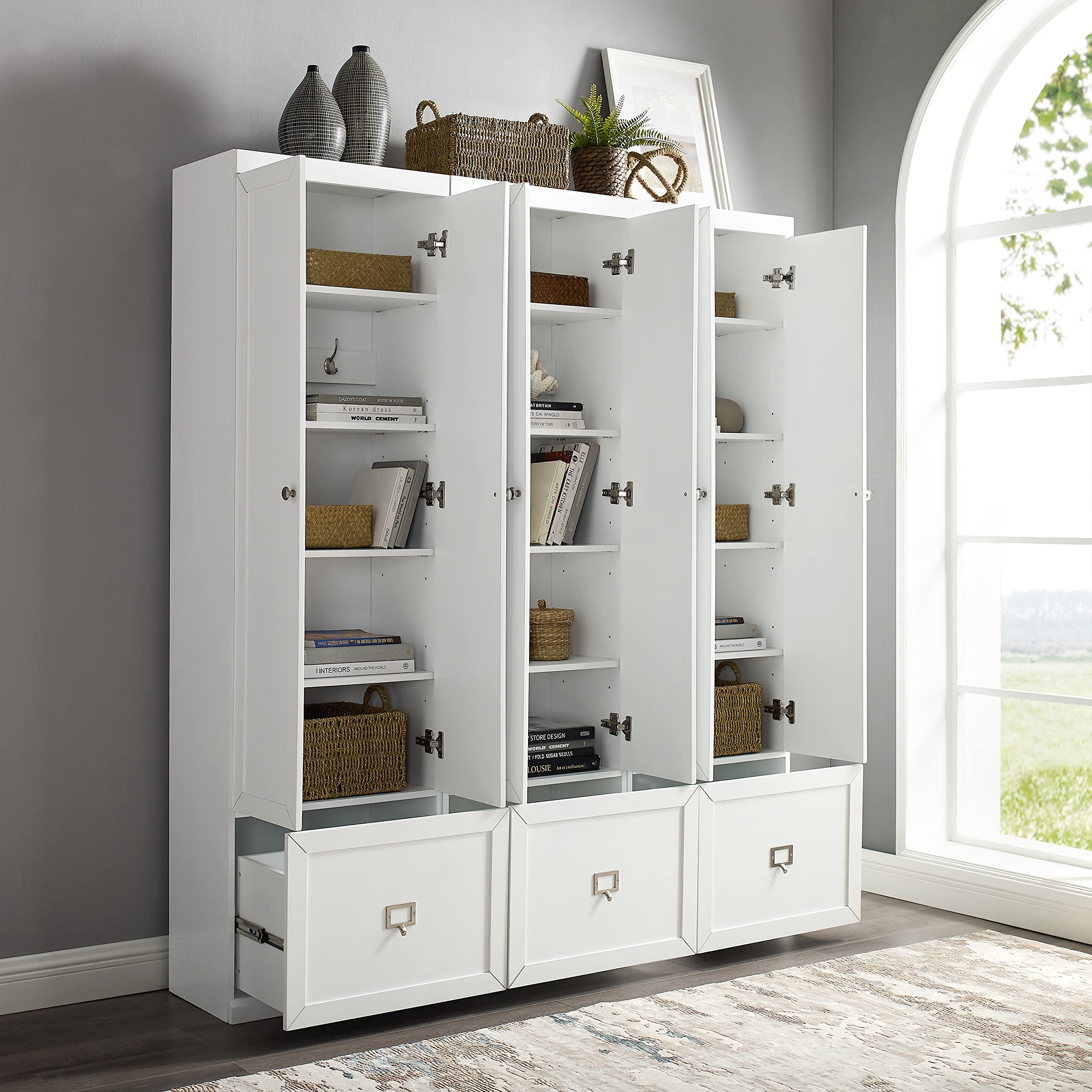 Crosley Furniture Harper 3-Piece Storage Cabinet Entryway Set with Storage Drawer and Hooks for Hanging, White - Image 8