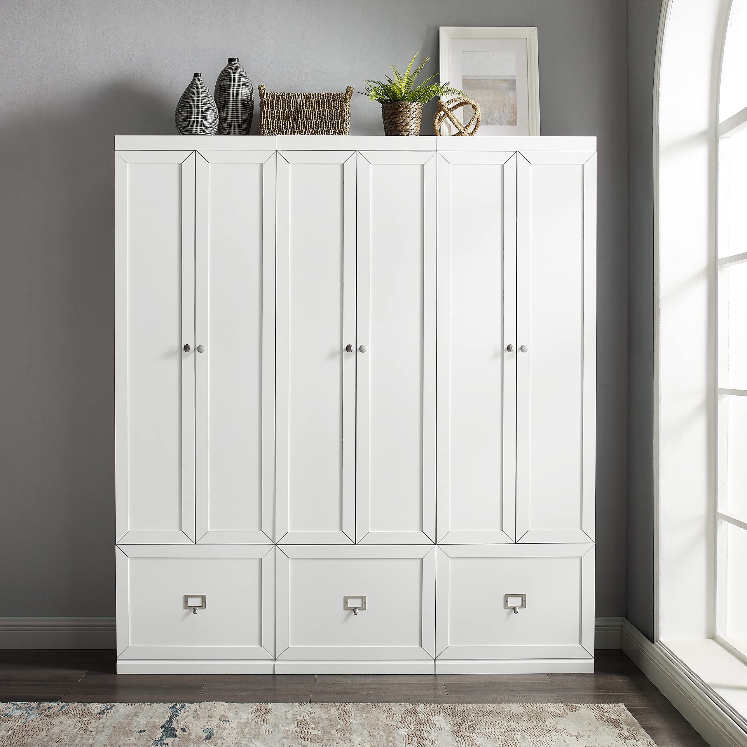 Crosley Furniture Harper 3-Piece Storage Cabinet Entryway Set with Storage Drawer and Hooks for Hanging, White - Image 9