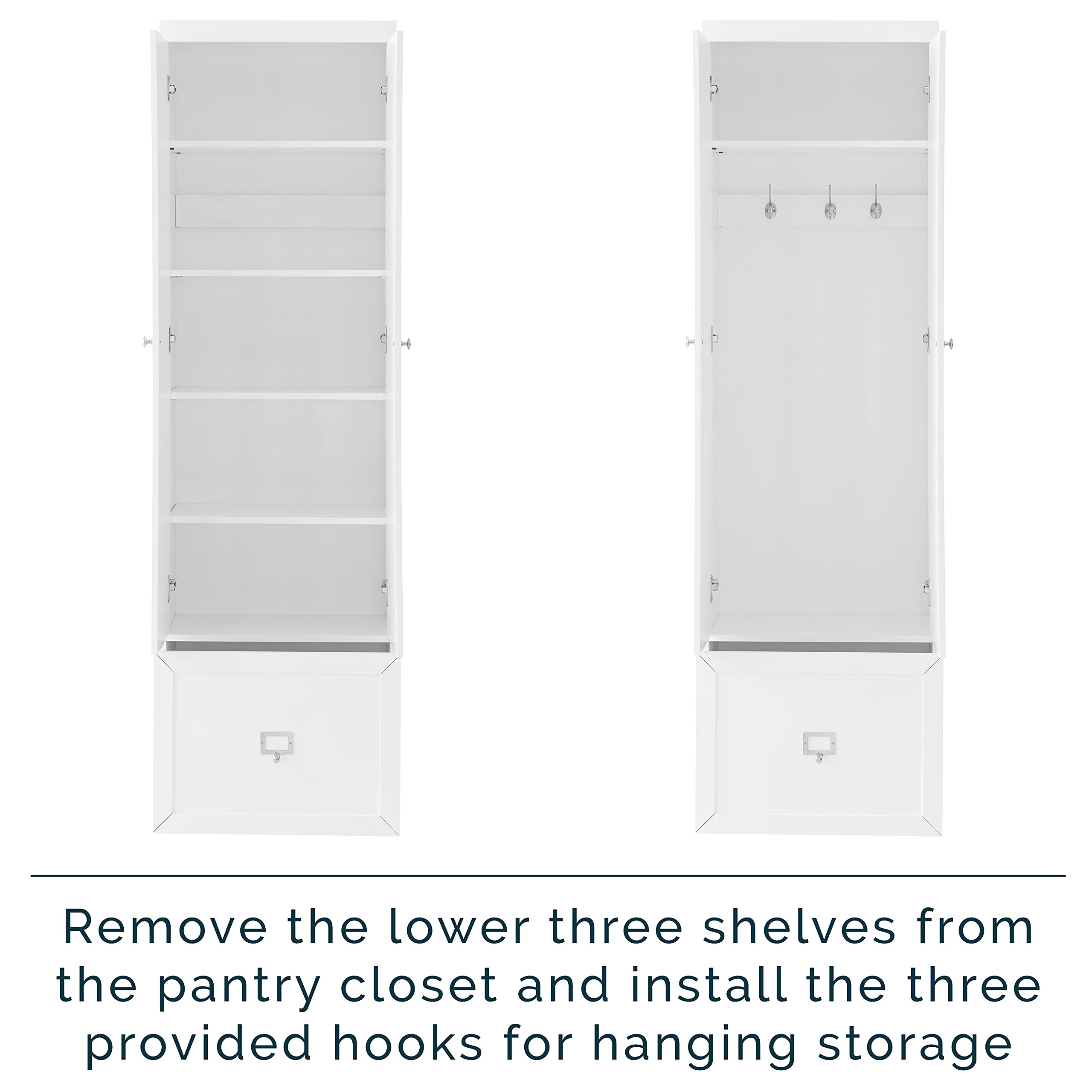 Crosley Furniture Harper 3-Piece Storage Cabinet Entryway Set with Storage Drawer and Hooks for Hanging, White - Image 6