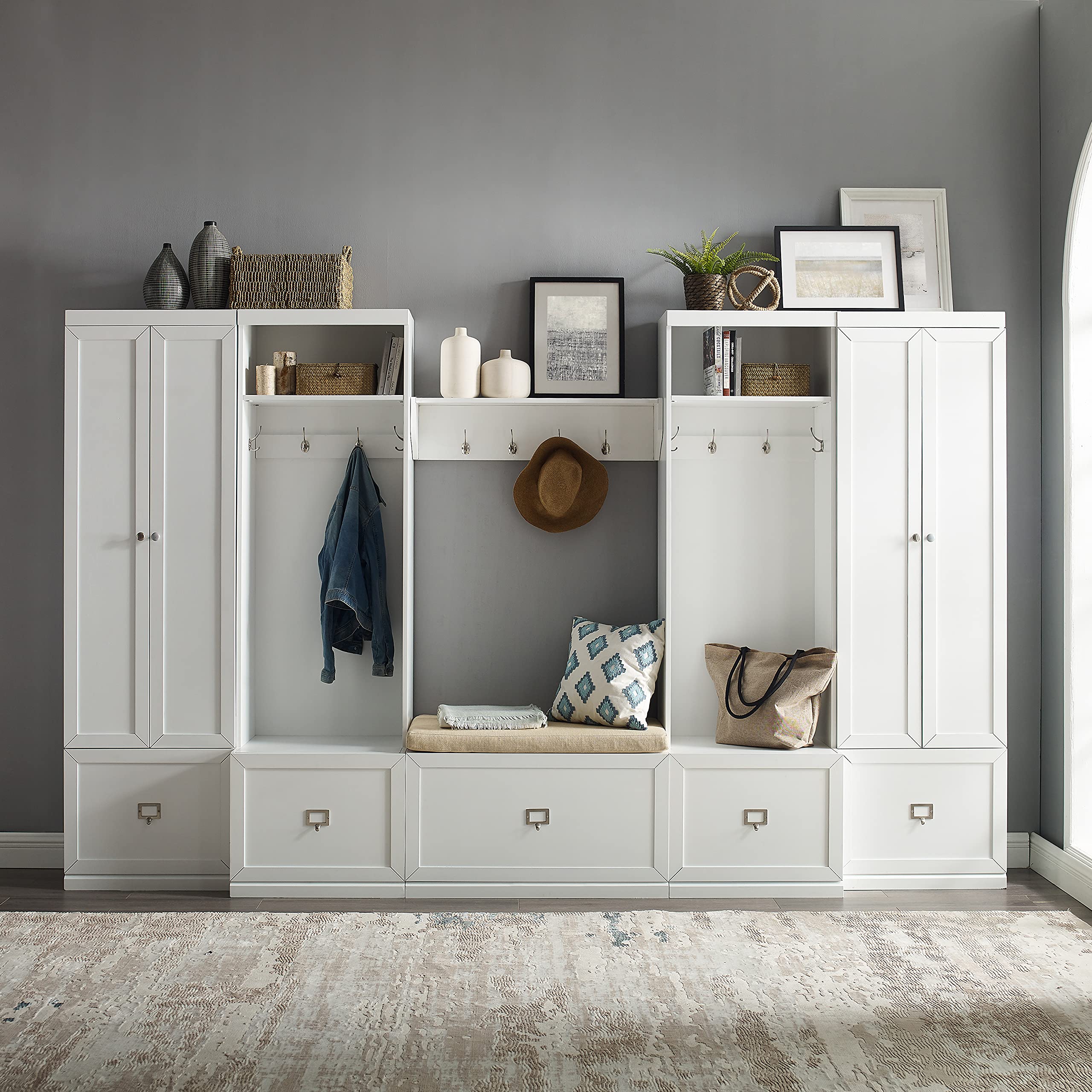 Crosley Furniture Harper 6-Piece Hall Tree, Storage Cabinet, Shoe Rack Bench, and Wall Shelf Set with Hooks, White - Image 10