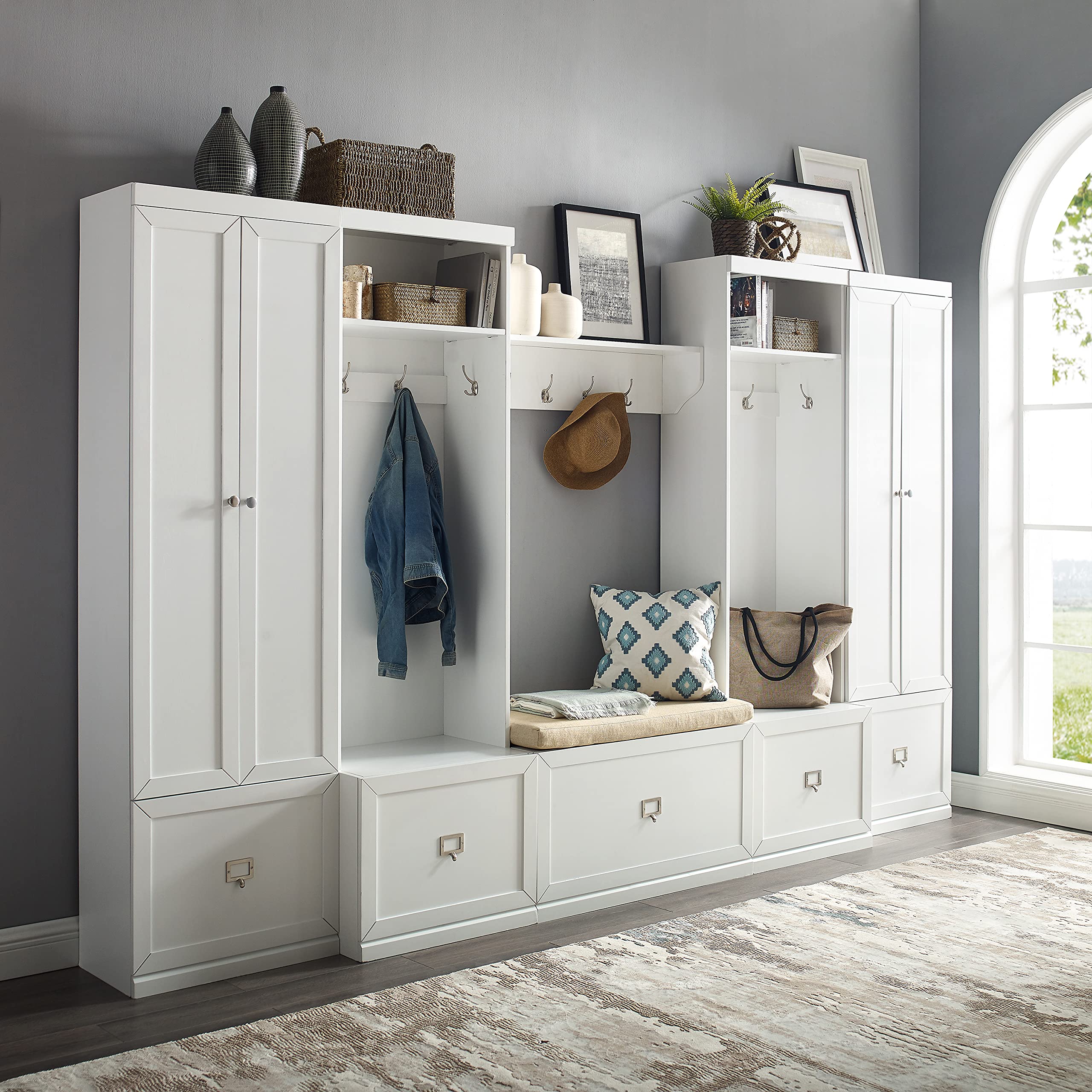 Crosley Furniture Harper 6-Piece Hall Tree, Storage Cabinet, Shoe Rack Bench, and Wall Shelf Set with Hooks, White - Image 8