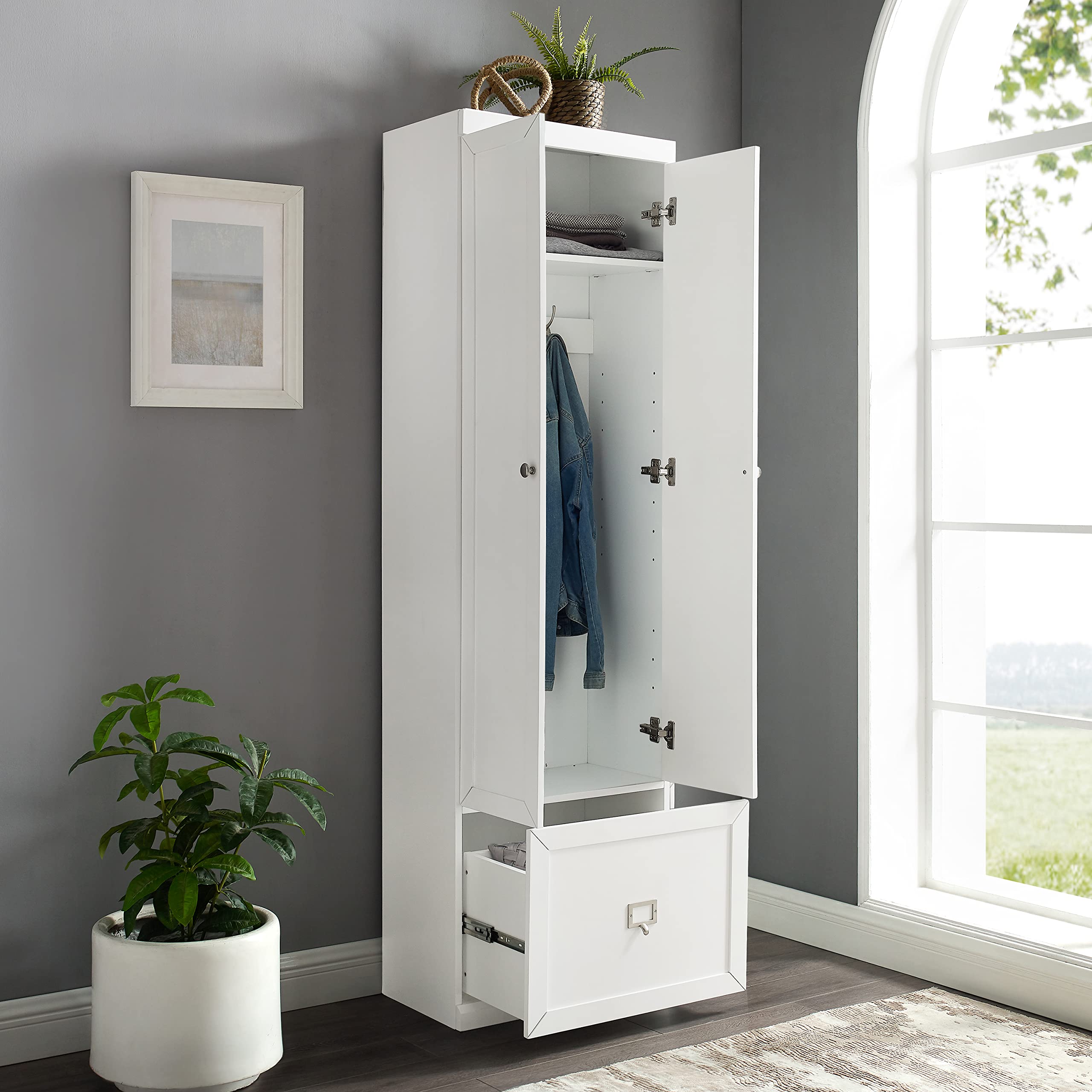 Crosley Furniture Harper Convertible Storage Cabinet with Coat Rack Hooks for Hanging, White - Image 10