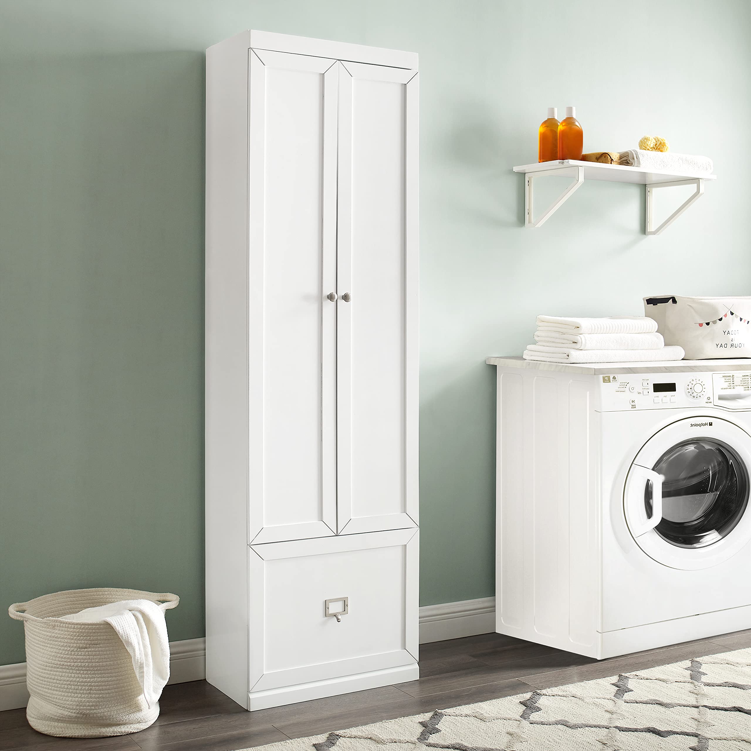 Crosley Furniture Harper Convertible Storage Cabinet with Coat Rack Hooks for Hanging, White - Image 12
