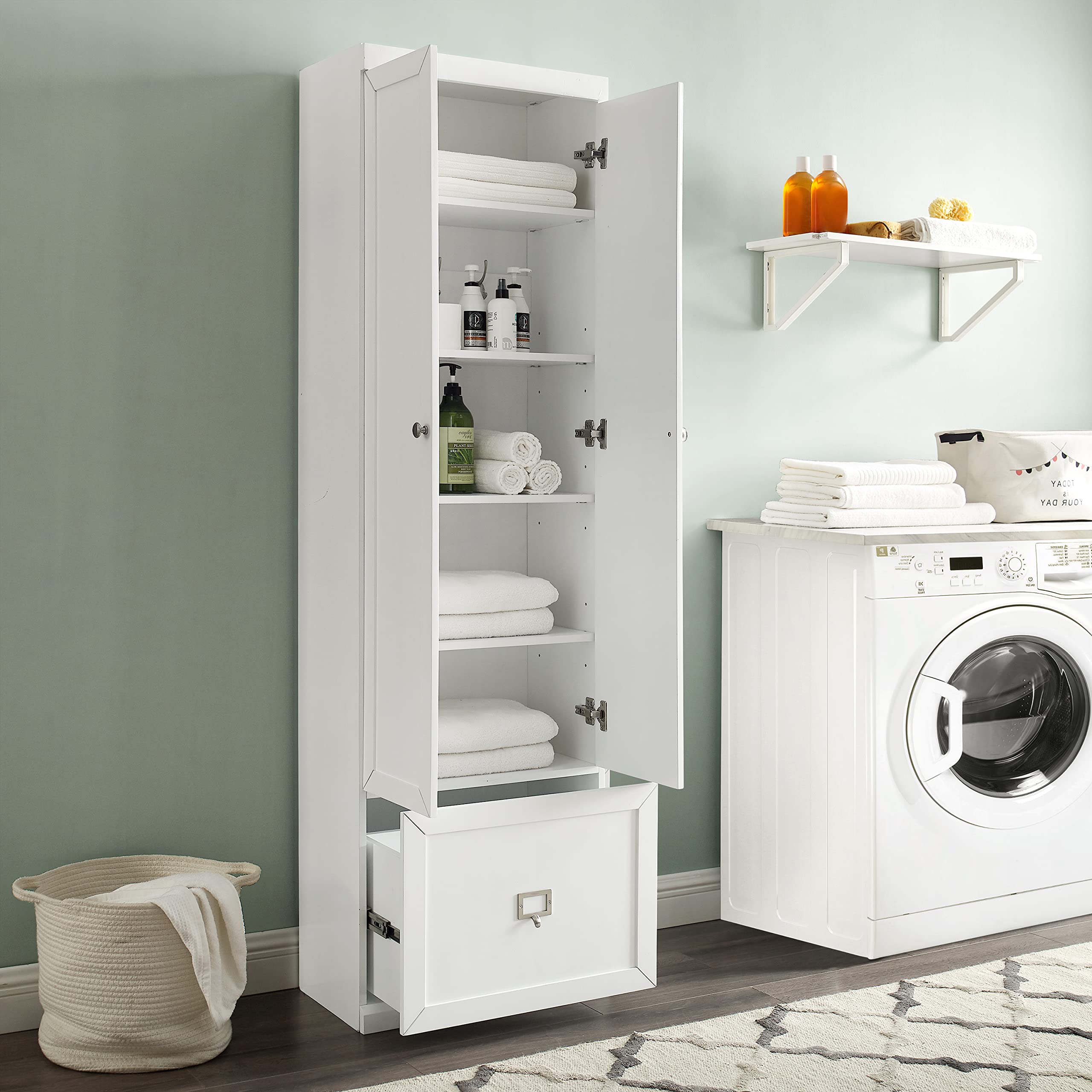 Crosley Furniture Harper Convertible Storage Cabinet with Coat Rack Hooks for Hanging, White - Image 13