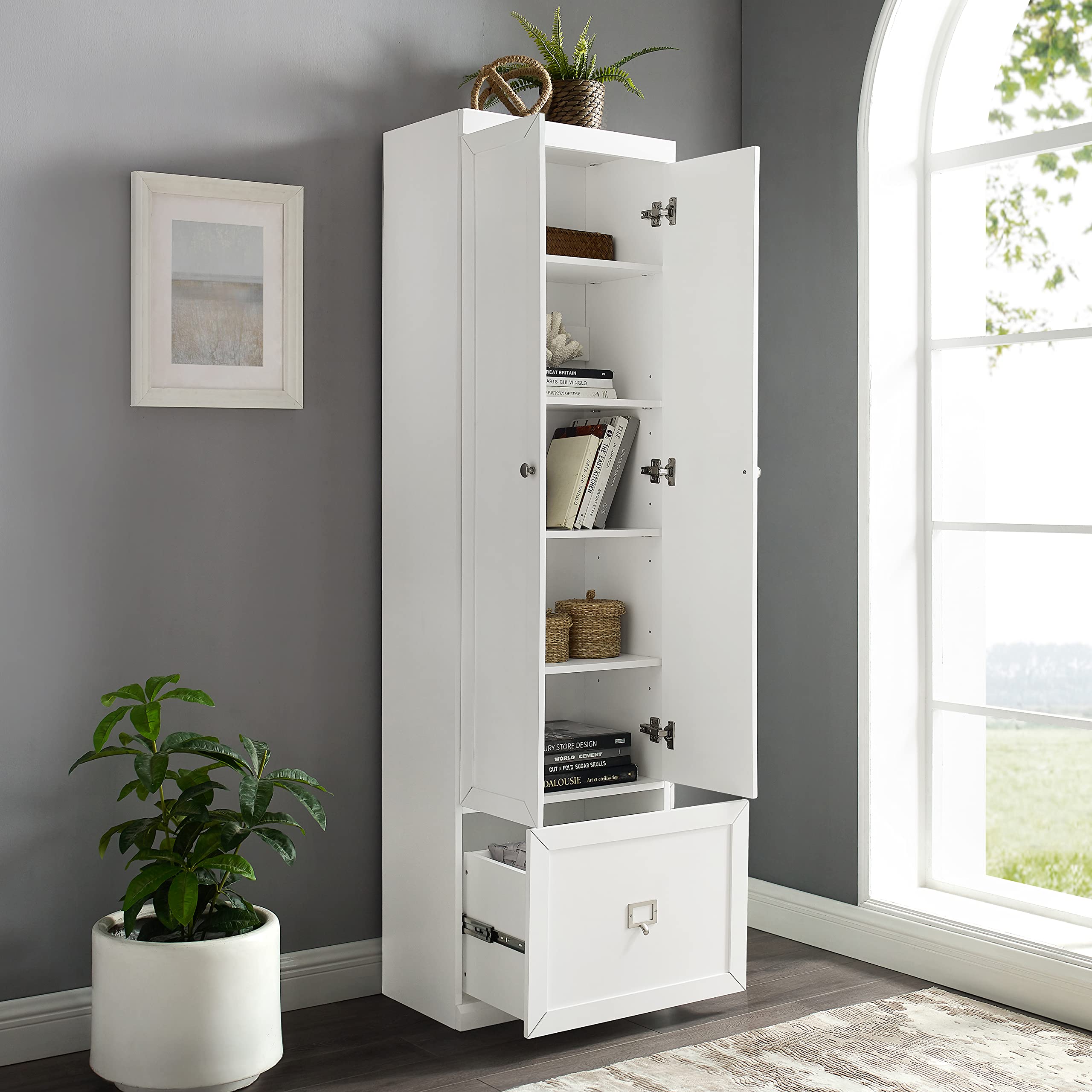 Crosley Furniture Harper Convertible Storage Cabinet with Coat Rack Hooks for Hanging, White - Image 9