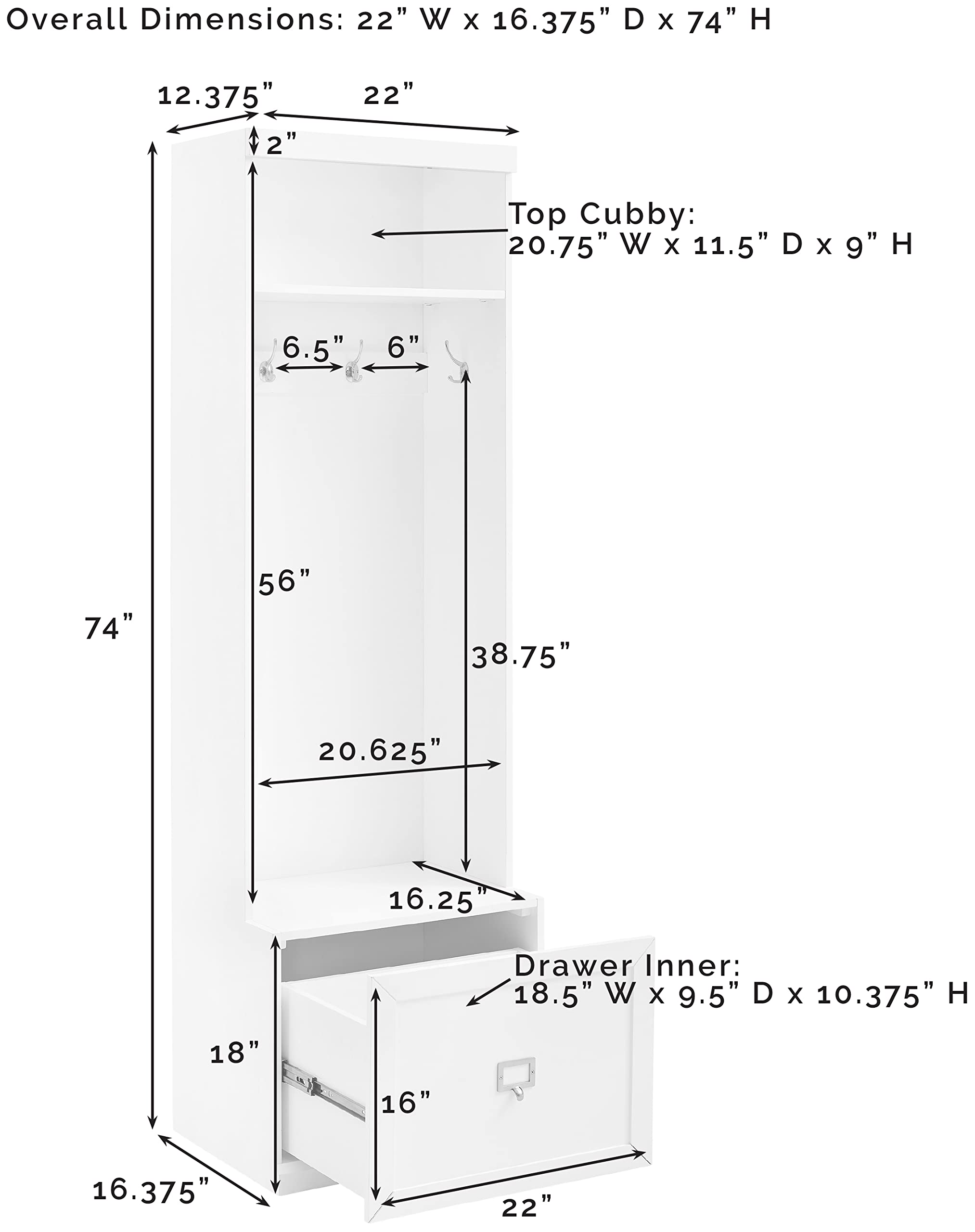 Crosley Furniture Harper Hall Tree with Storage Bench and Coat Rack Hooks for Hanging, White - Image 6