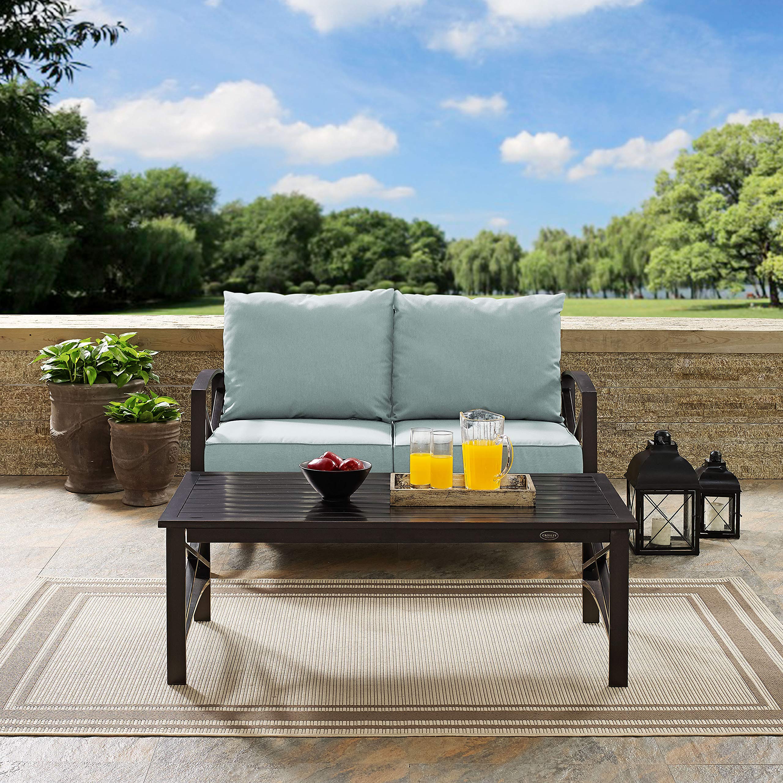 Crosley Furniture Kaplan 2-Piece Outdoor Coffee Table and Loveseat Patio Furniture Set for Porch, Deck, Oiled Bronze with Mist Cushions - Image 4