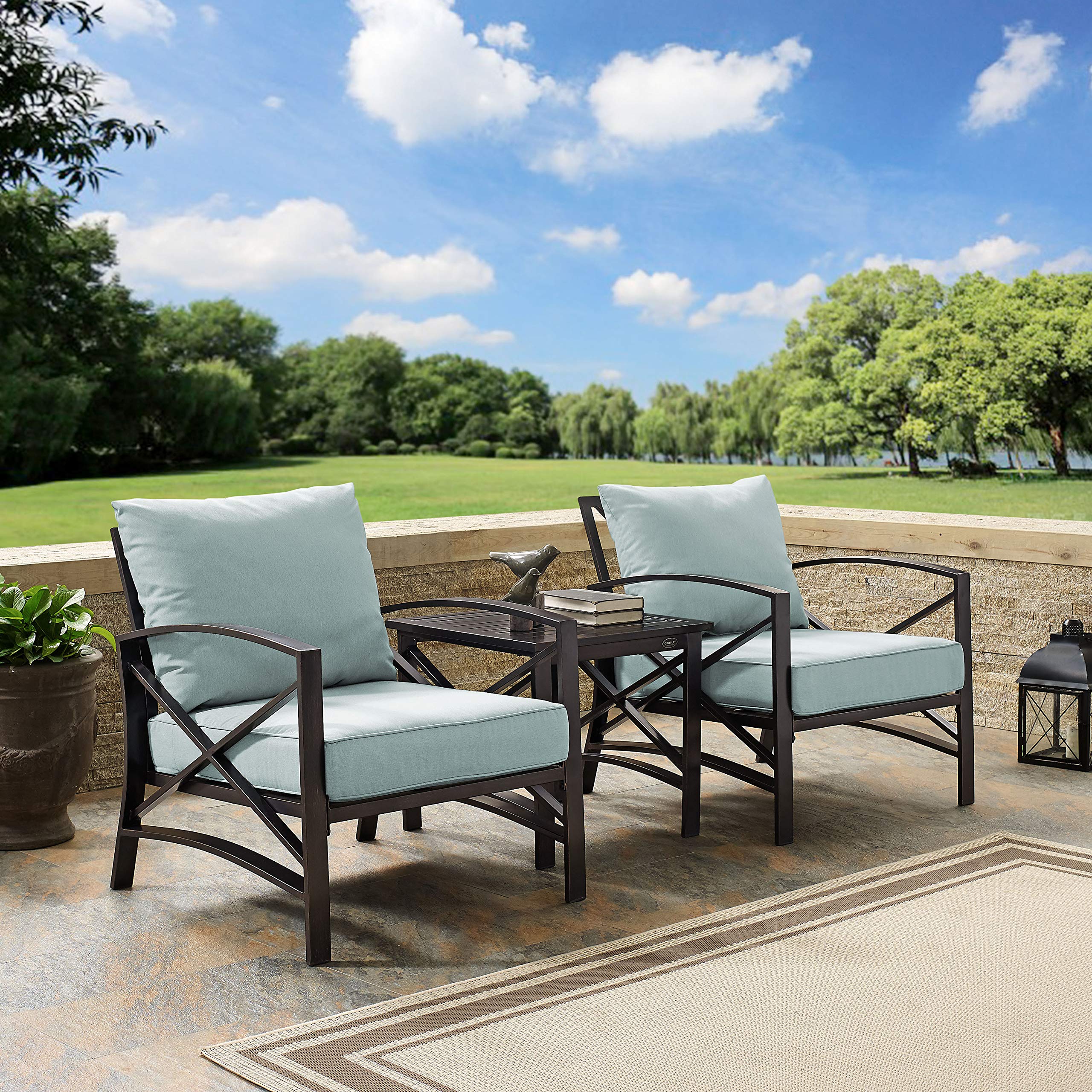 Crosley Furniture Kaplan 3-Piece Outdoor Chair and Side Table Set, Patio Conversation Sets for Porch, Deck, Oiled Bronze with Mist Cushions - Image 4