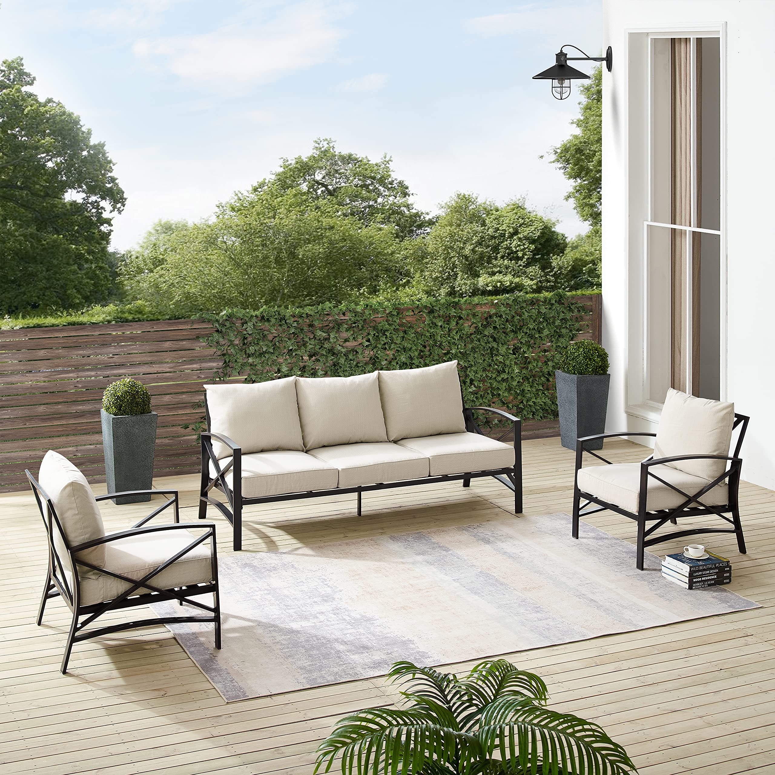 Crosley Furniture Kaplan 3-Piece Outdoor Sofa Patio Furniture Set, Conversation Sets for Porch, Deck, Oiled Bronze with Oatmeal Cushions - Image 5