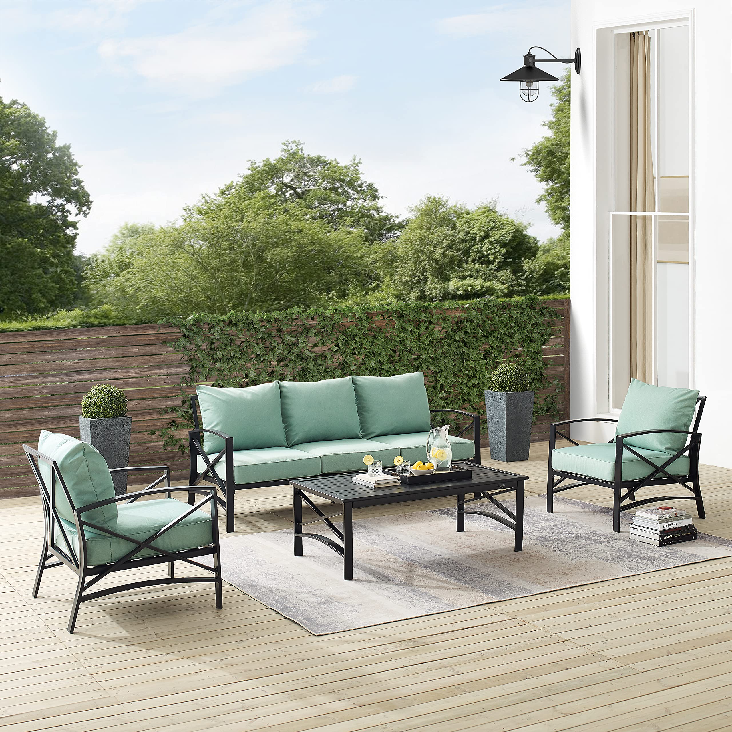 Crosley Furniture Kaplan 4-Piece Outdoor Sofa Patio Furniture Set, Conversation Sets for Porch, Deck, Oiled Bronze with Mist Cushions - Image 6