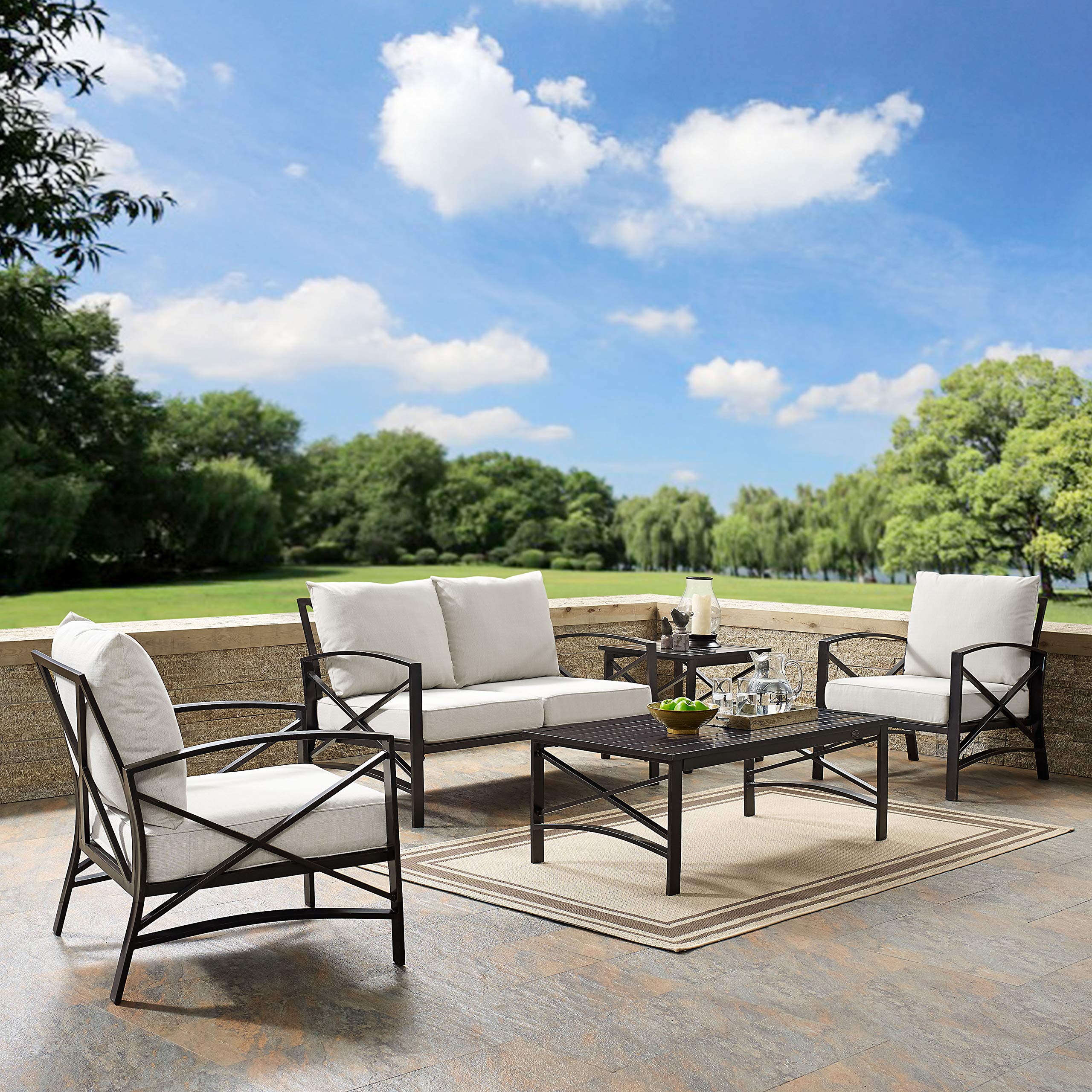 Crosley Furniture Kaplan 5-Piece Outdoor Loveseat Patio Furniture Set, Conversation Sets for Porch, Deck, Oiled Bronze with Oatmeal Cushions - Image 4