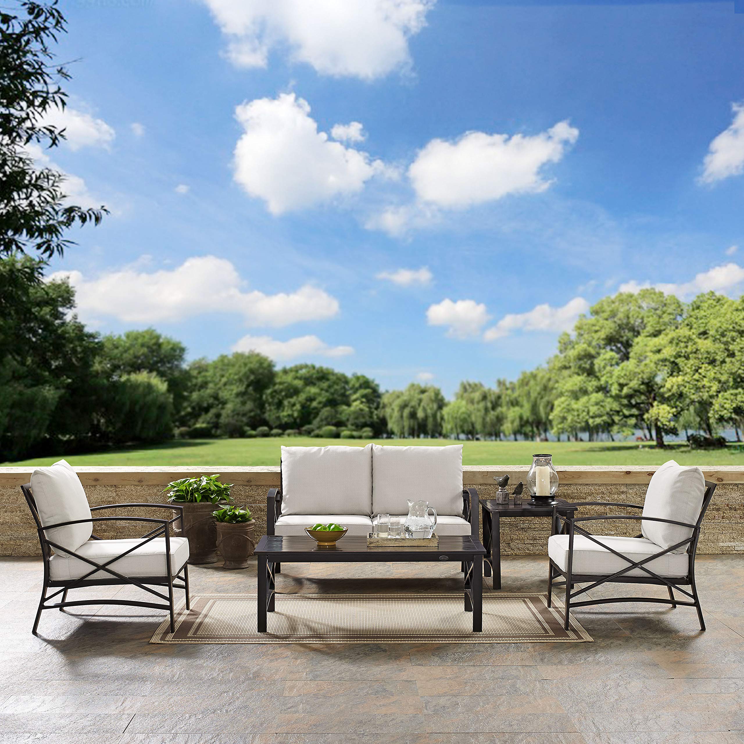 Crosley Furniture Kaplan 5-Piece Outdoor Loveseat Patio Furniture Set, Conversation Sets for Porch, Deck, Oiled Bronze with Oatmeal Cushions - Image 5