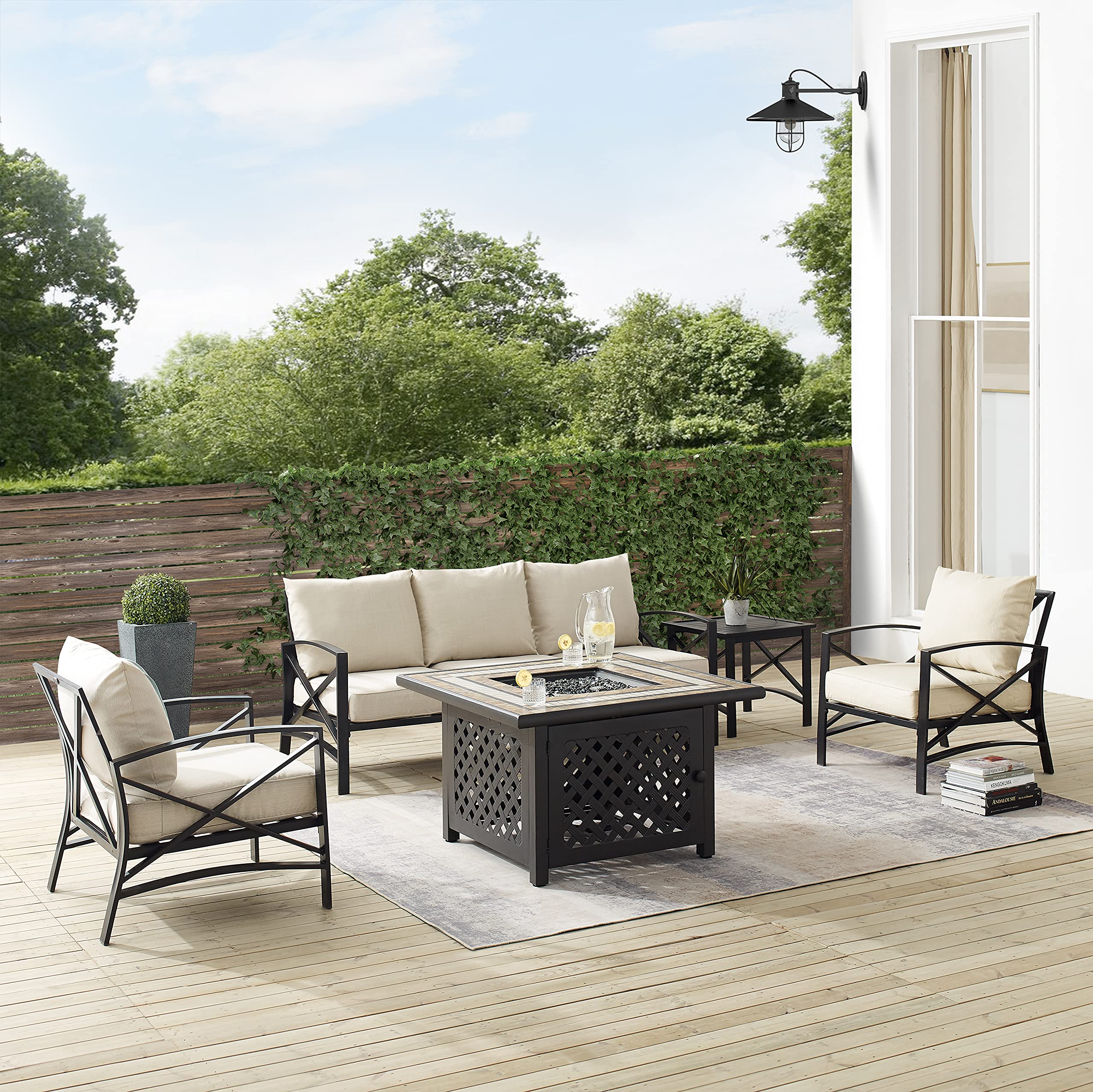 Crosley Furniture Kaplan 5-Piece Outdoor Sofa Patio Furniture Set with Propane Gas Fire Pit Table, Oiled Bronze with Oatmeal Cushions - Image 6