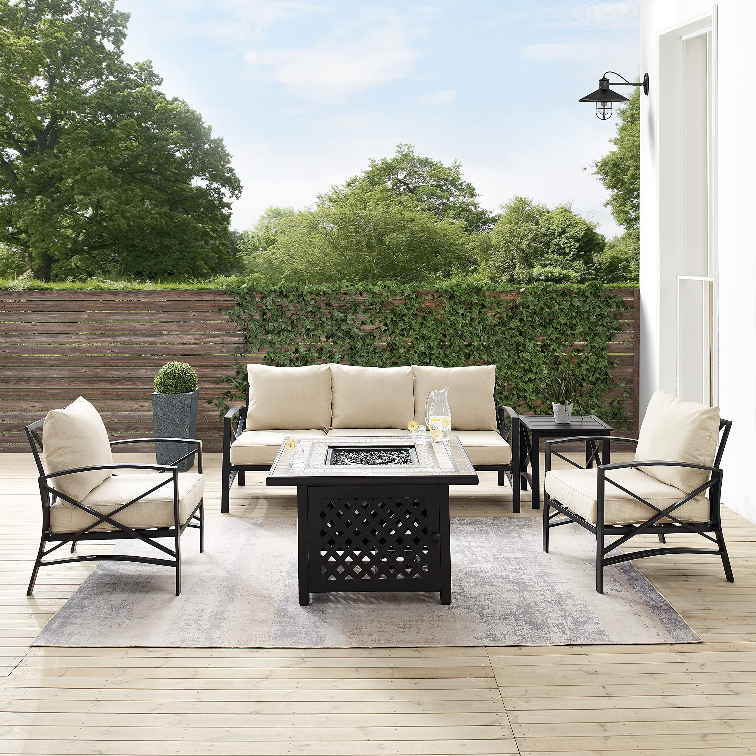 Crosley Furniture Kaplan 5-Piece Outdoor Sofa Patio Furniture Set with Propane Gas Fire Pit Table, Oiled Bronze with Oatmeal Cushions - Image 7