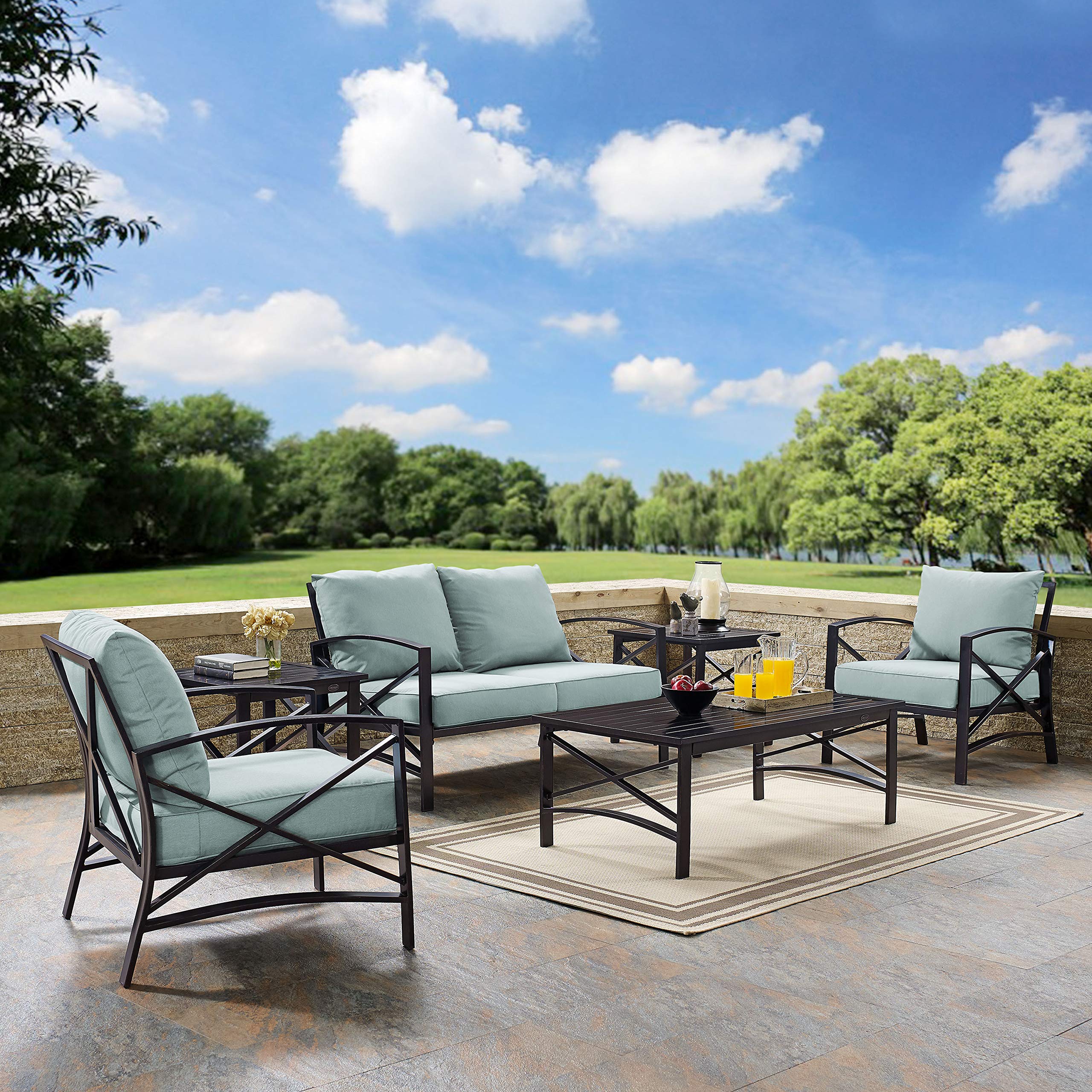 Crosley Furniture Kaplan 6-Piece Outdoor Loveseat Patio Furniture Set, Conversation Sets for Porch, Deck, Oiled Bronze with Mist Cushions - Image 4