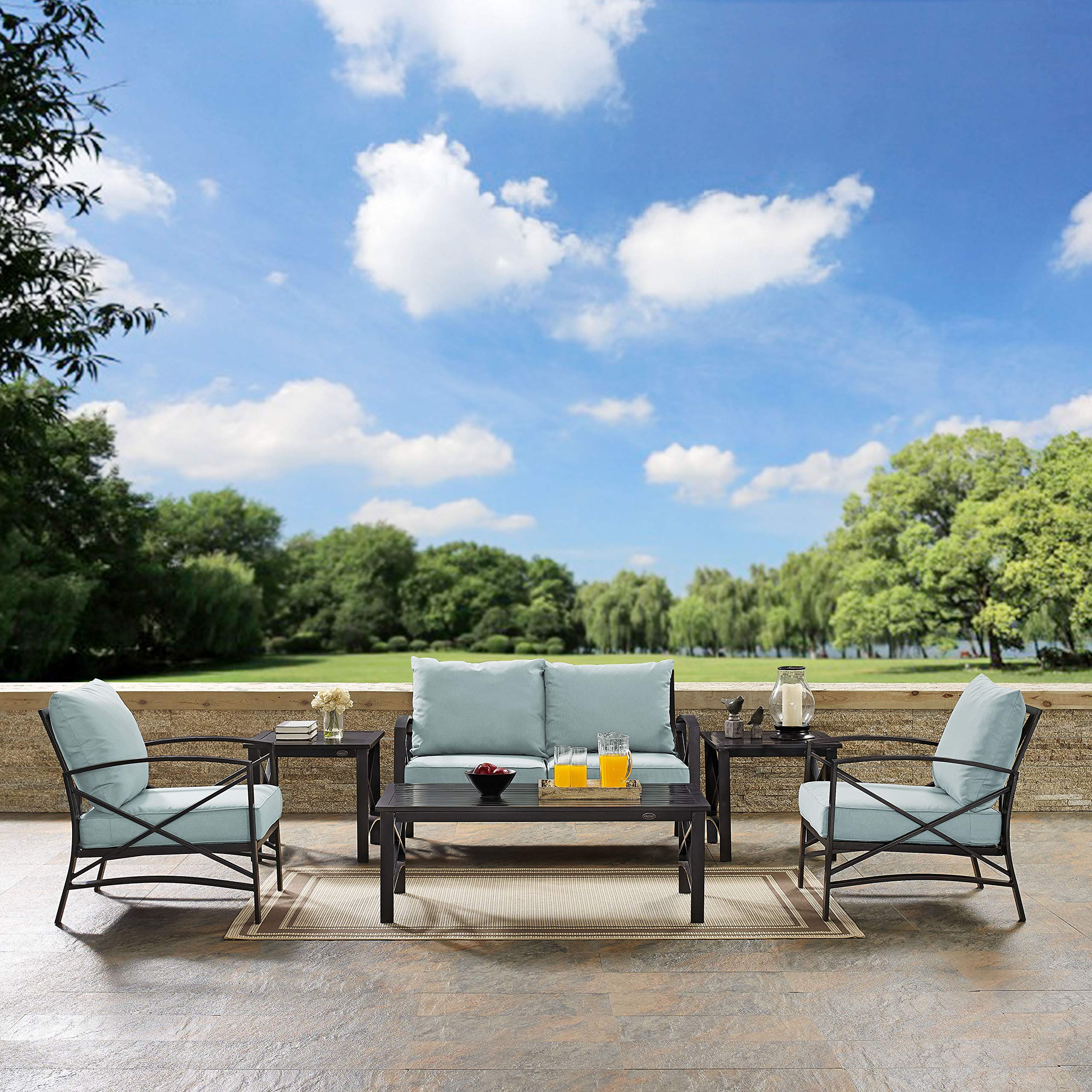 Crosley Furniture Kaplan 6-Piece Outdoor Loveseat Patio Furniture Set, Conversation Sets for Porch, Deck, Oiled Bronze with Mist Cushions - Image 5