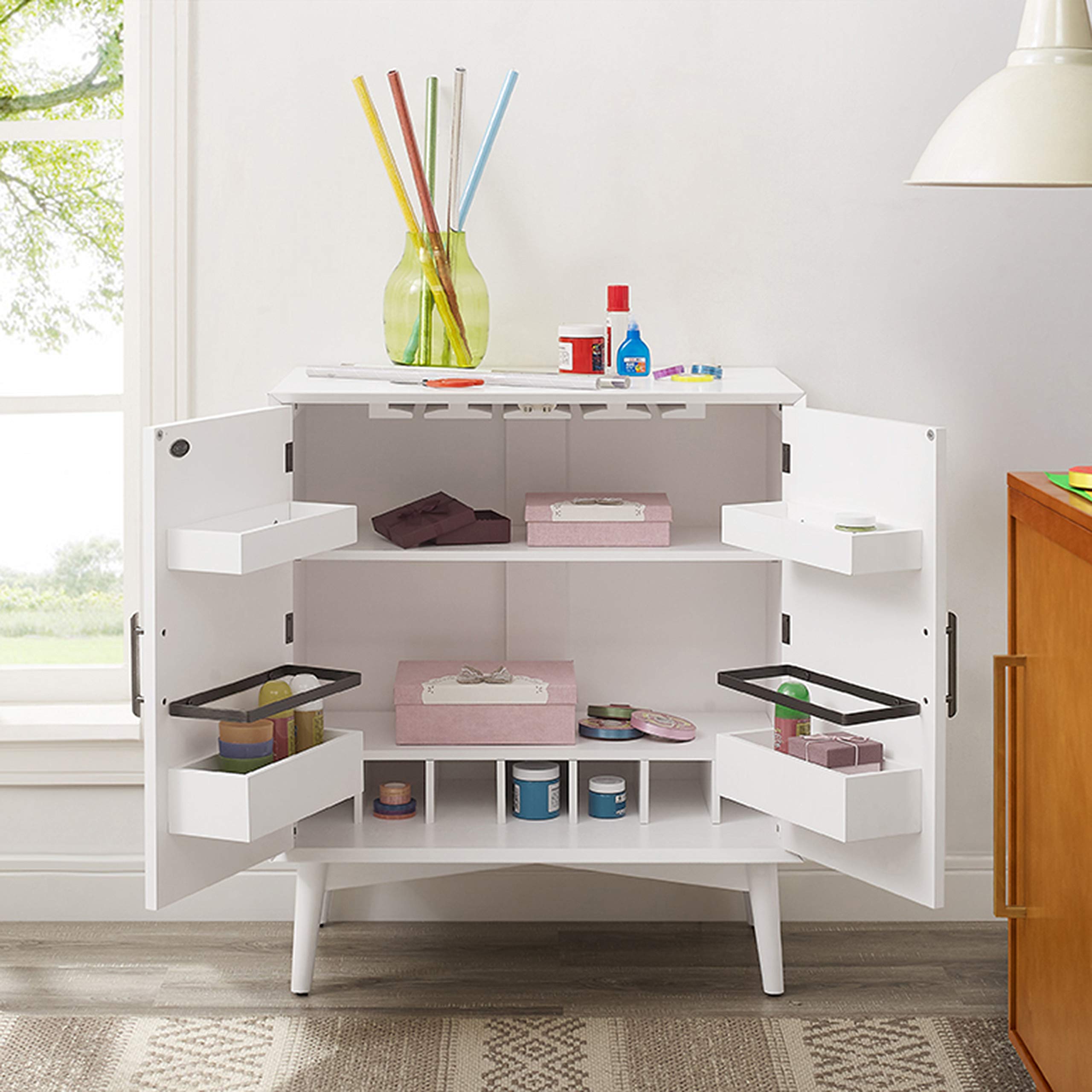 Crosley Furniture Landon Bar Cabinet with Storage Shelves and Wine Rack, White - Image 7