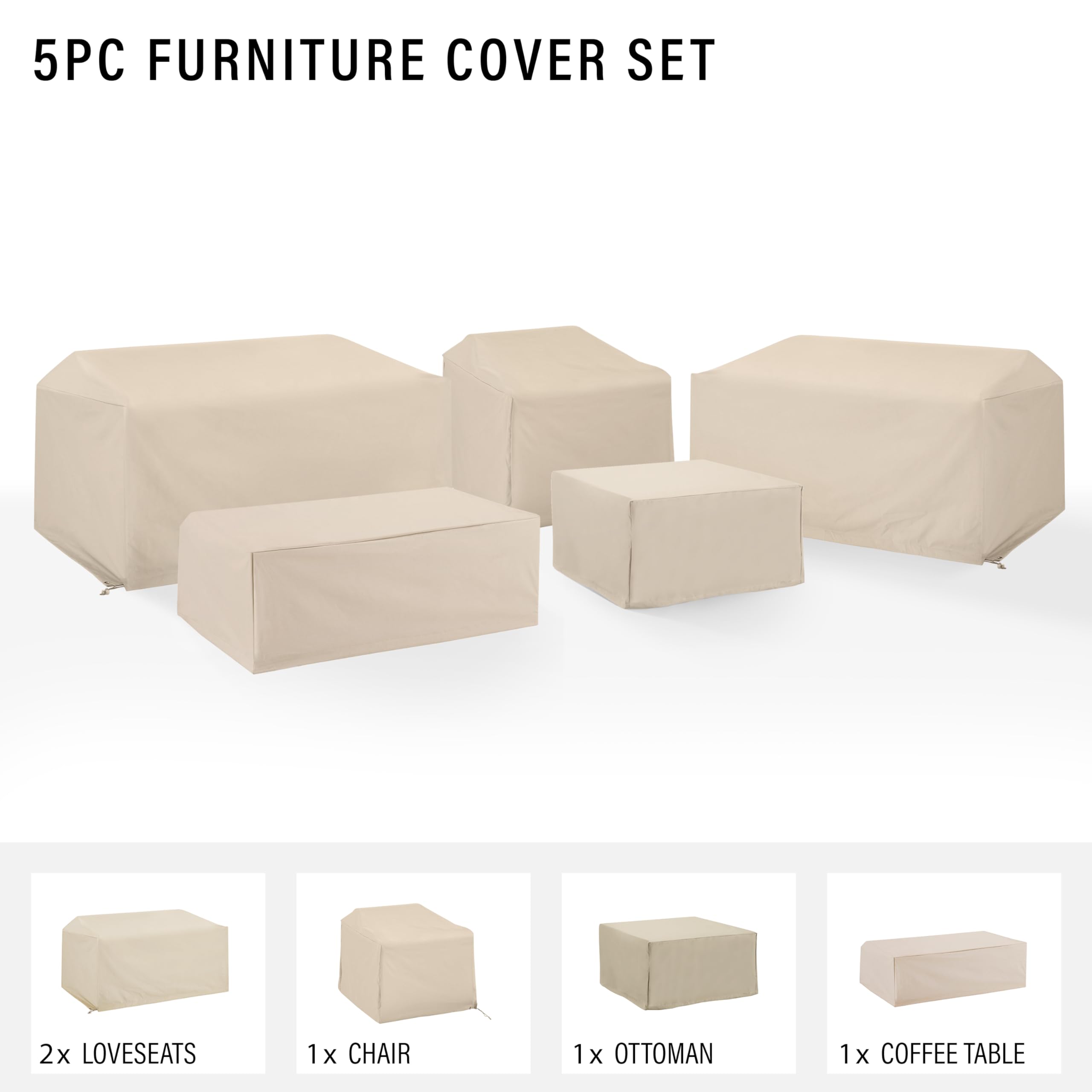 Crosley Furniture Patio Furniture Covers, Waterproof 5-Piece Cover Set for Outdoor Chair, Loveseats, Tables, Tan - Image 4