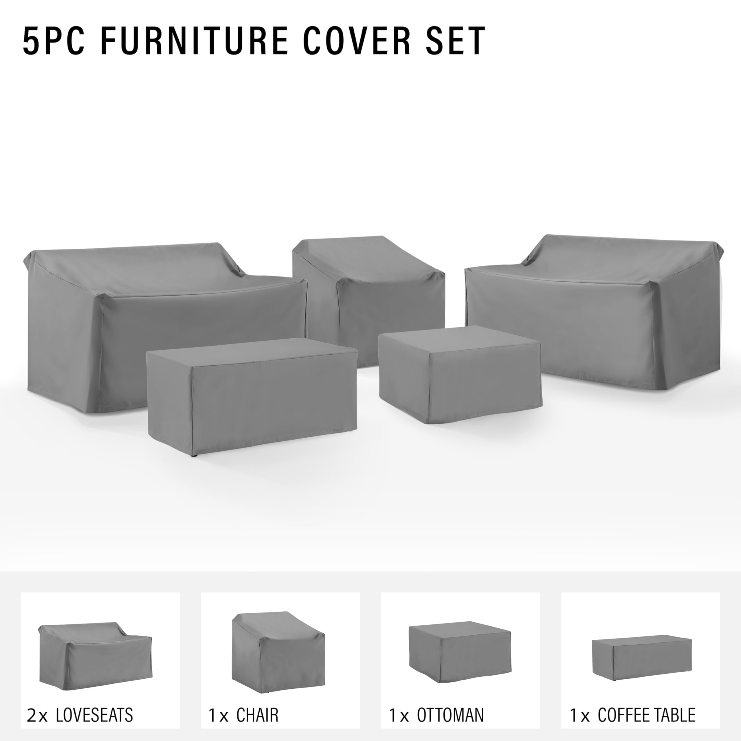 Crosley Furniture Patio Furniture Covers, Waterproof 5-Piece Cover Set for Outdoor Chair, Loveseats, Tables, Gray - Image 4