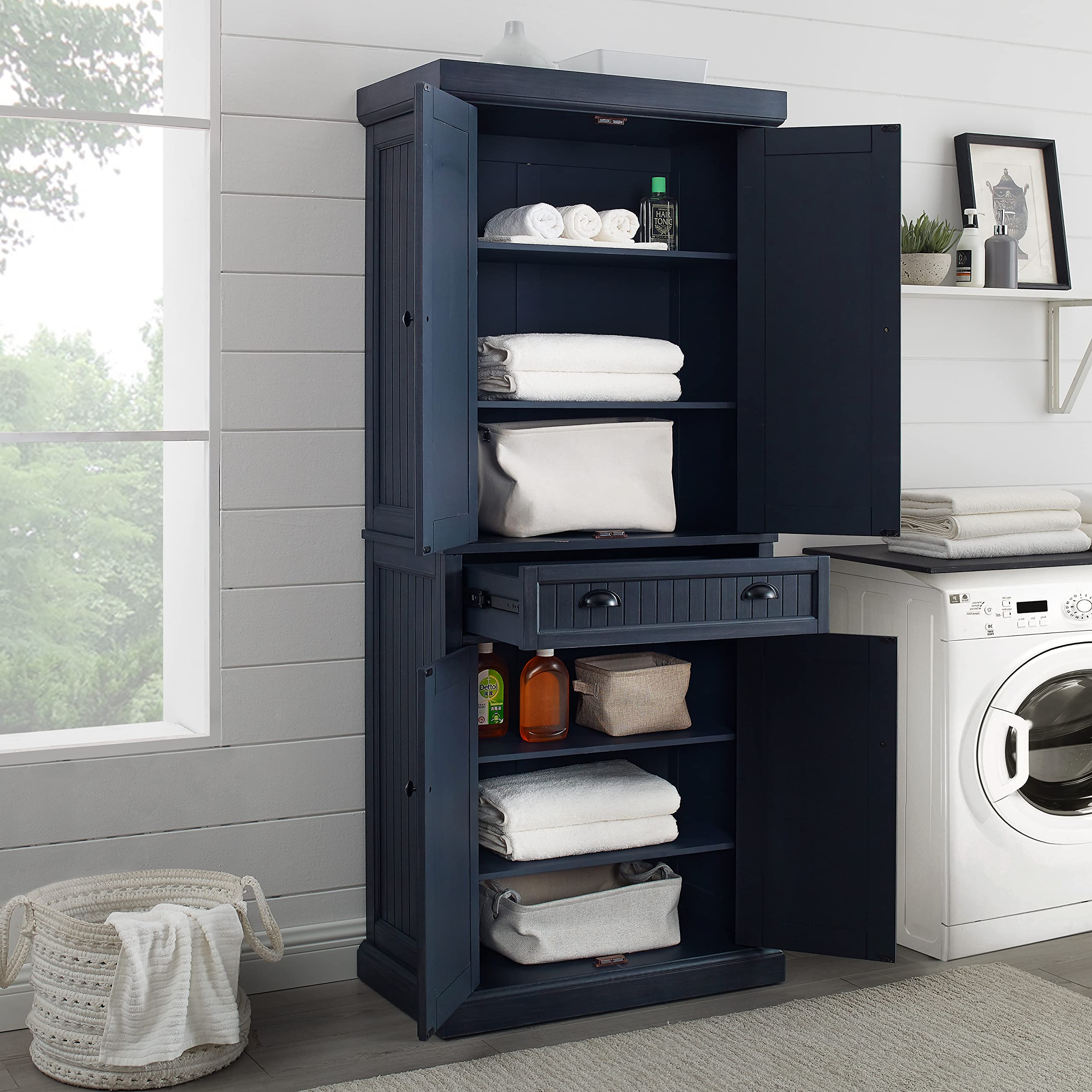 Crosley Furniture Seaside Coastal Pantry Storage Cabinet with Shelves, Kitchen, Dining, or Laundry Room, Distressed Navy - Image 11