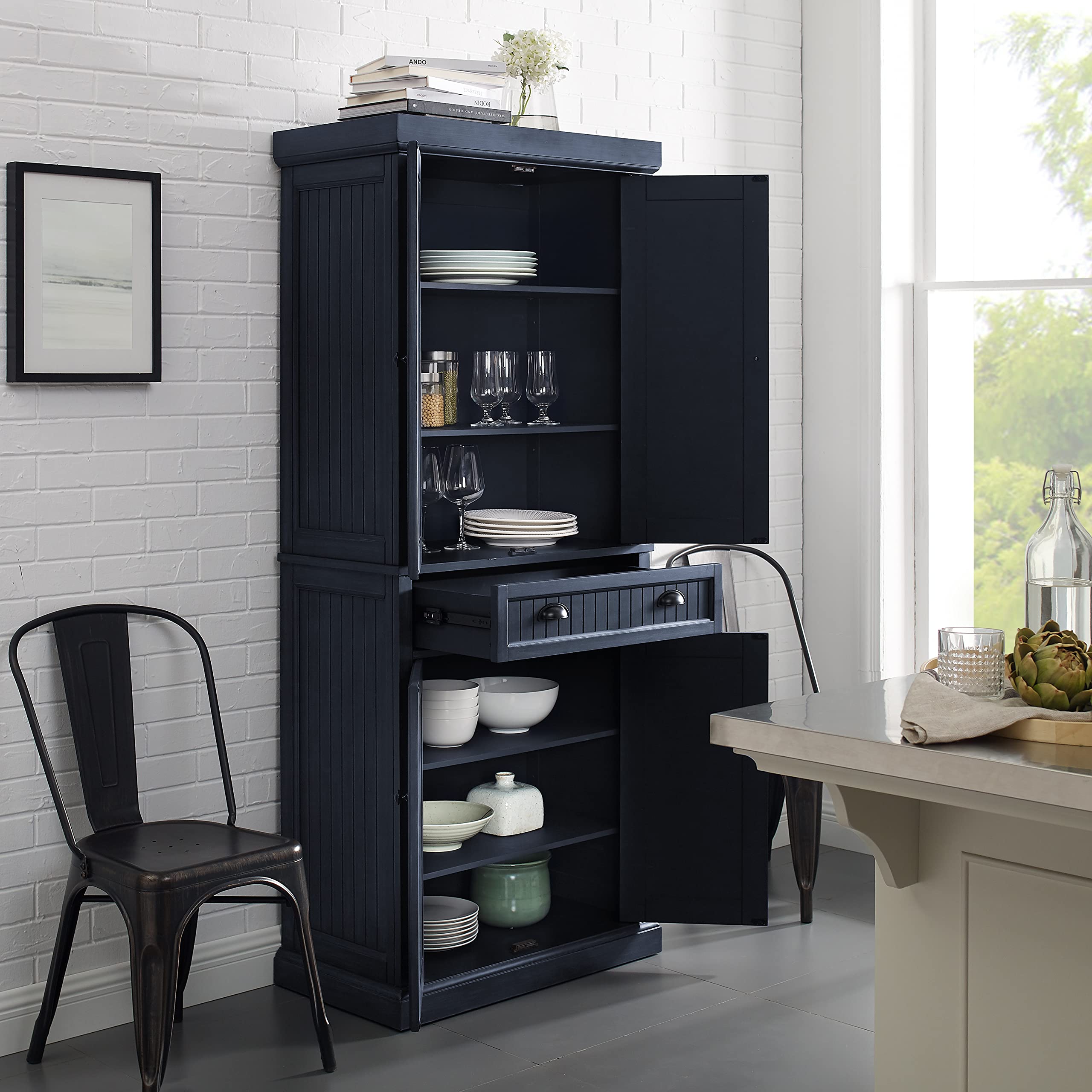 Crosley Furniture Seaside Coastal Pantry Storage Cabinet with Shelves, Kitchen, Dining, or Laundry Room, Distressed Navy - Image 8