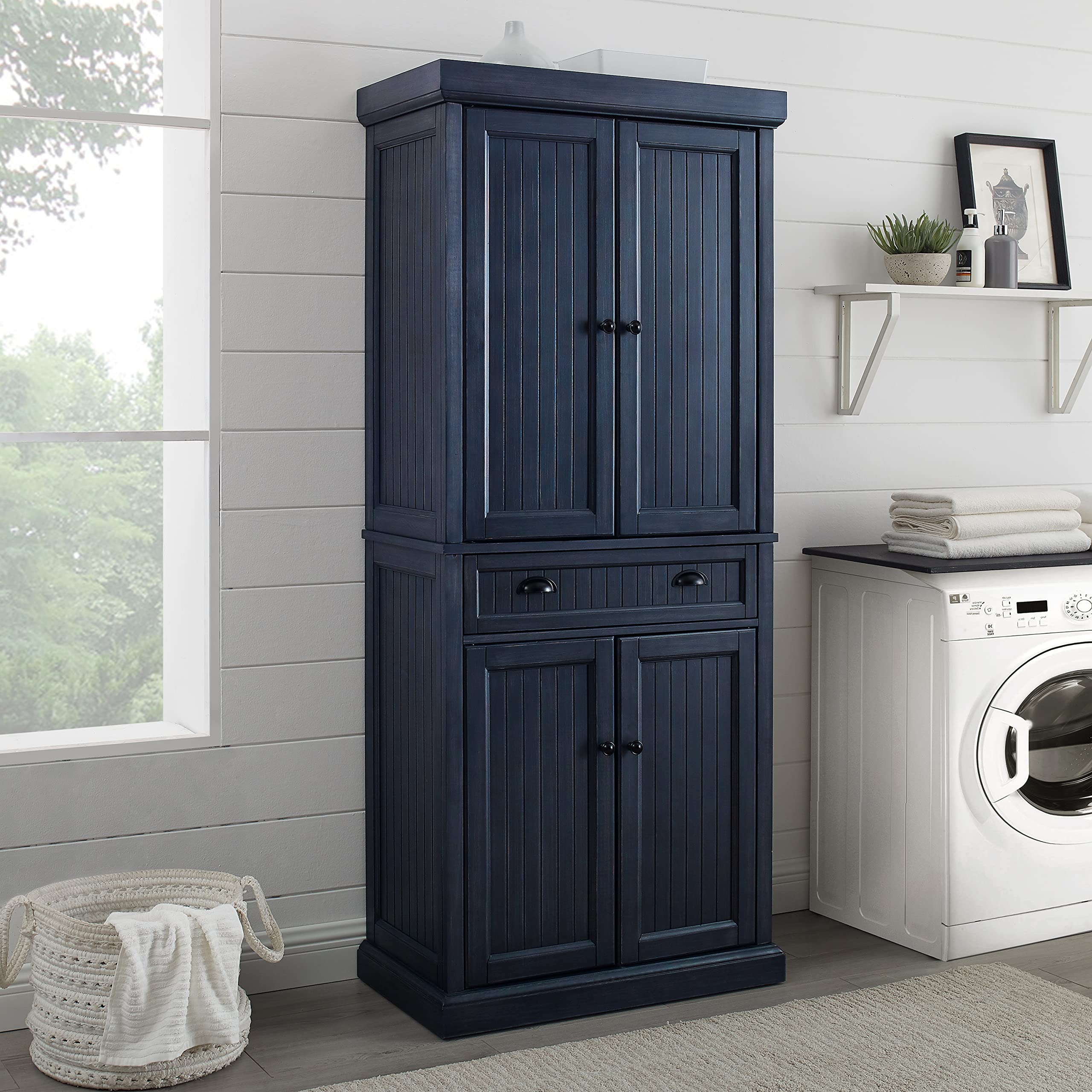 Crosley Furniture Seaside Coastal Pantry Storage Cabinet with Shelves, Kitchen, Dining, or Laundry Room, Distressed Navy - Image 9