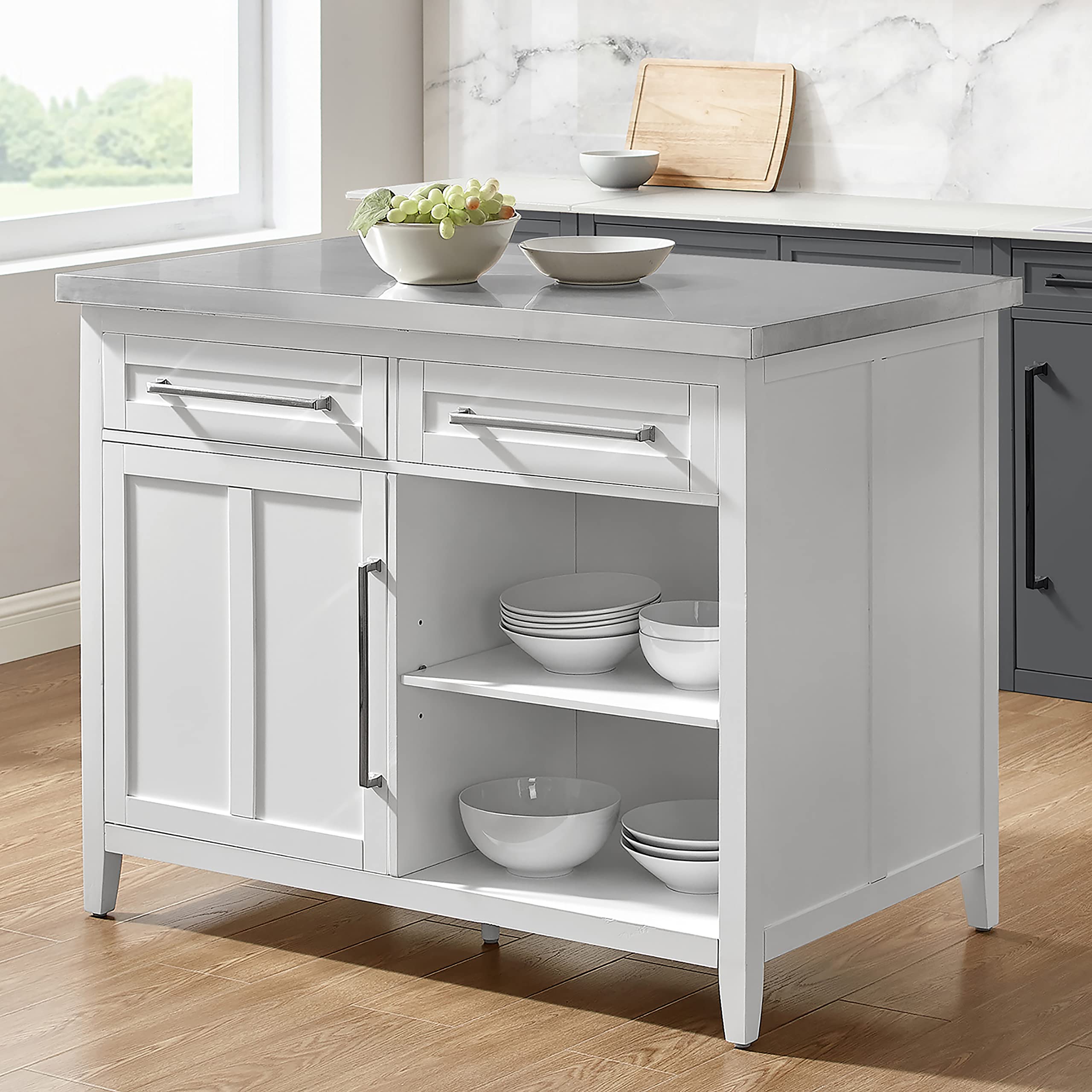 Crosley Furniture Silvia Stainless Steel Top Kitchen Island, Microwave Stand, Coffee Bar, with Shelves, White - Image 5