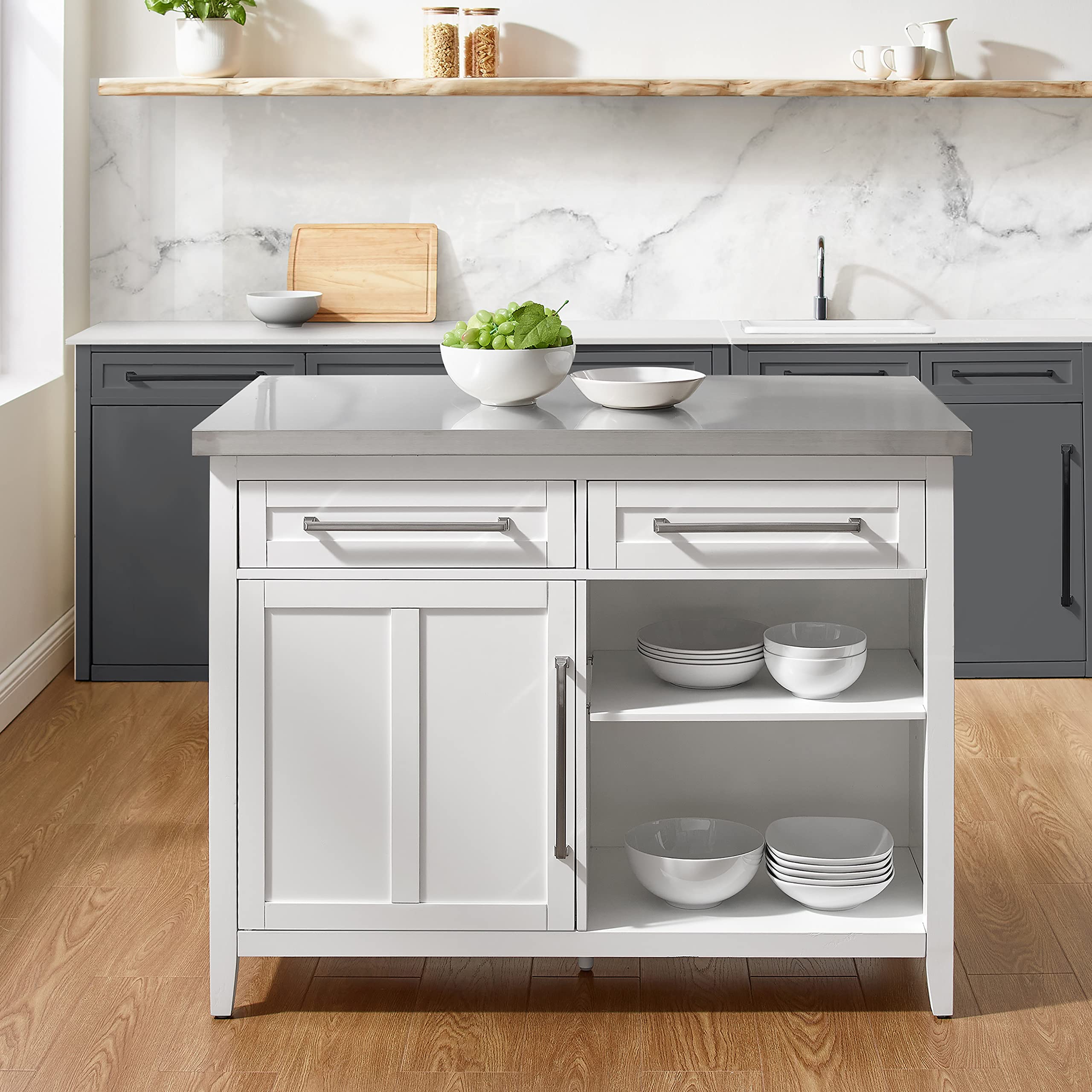 Crosley Furniture Silvia Stainless Steel Top Kitchen Island, Microwave Stand, Coffee Bar, with Shelves, White - Image 8