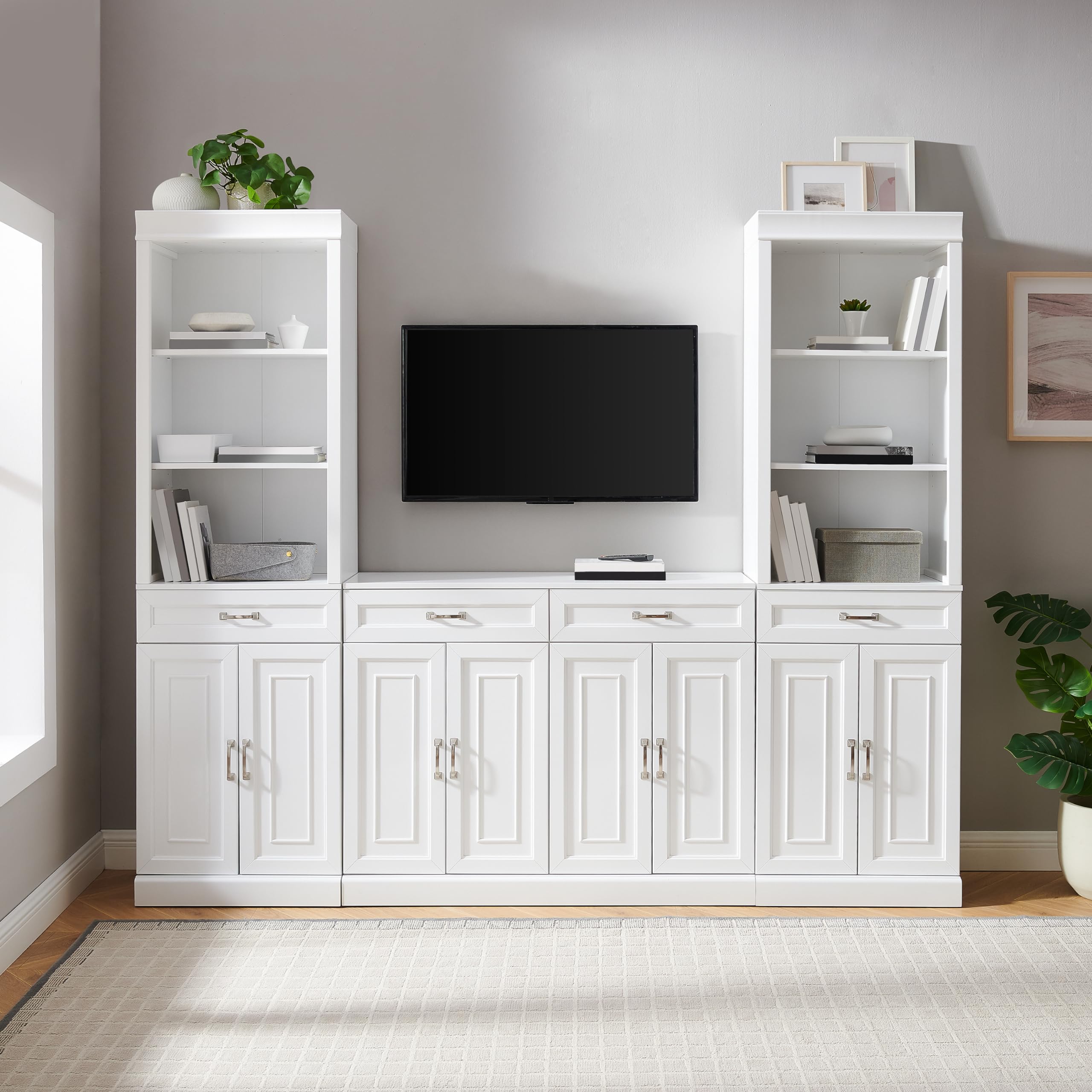 Crosley Furniture Stanton 3-Piece Sideboard and Storage Bookcase Set, Bookshelf Cabinet with Buffet, White - Image 7