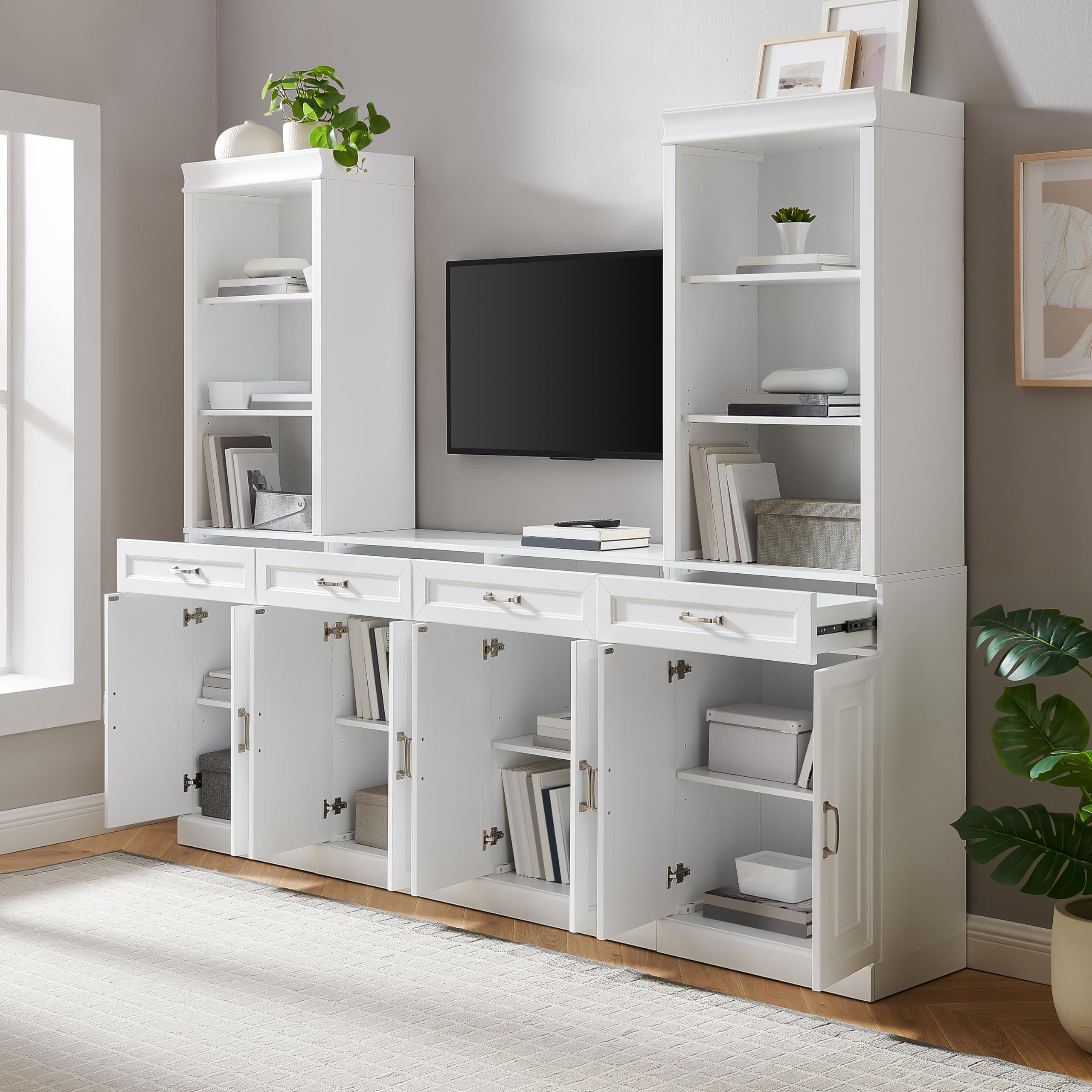 Crosley Furniture Stanton 3-Piece Sideboard and Storage Bookcase Set, Bookshelf Cabinet with Buffet, White - Image 8