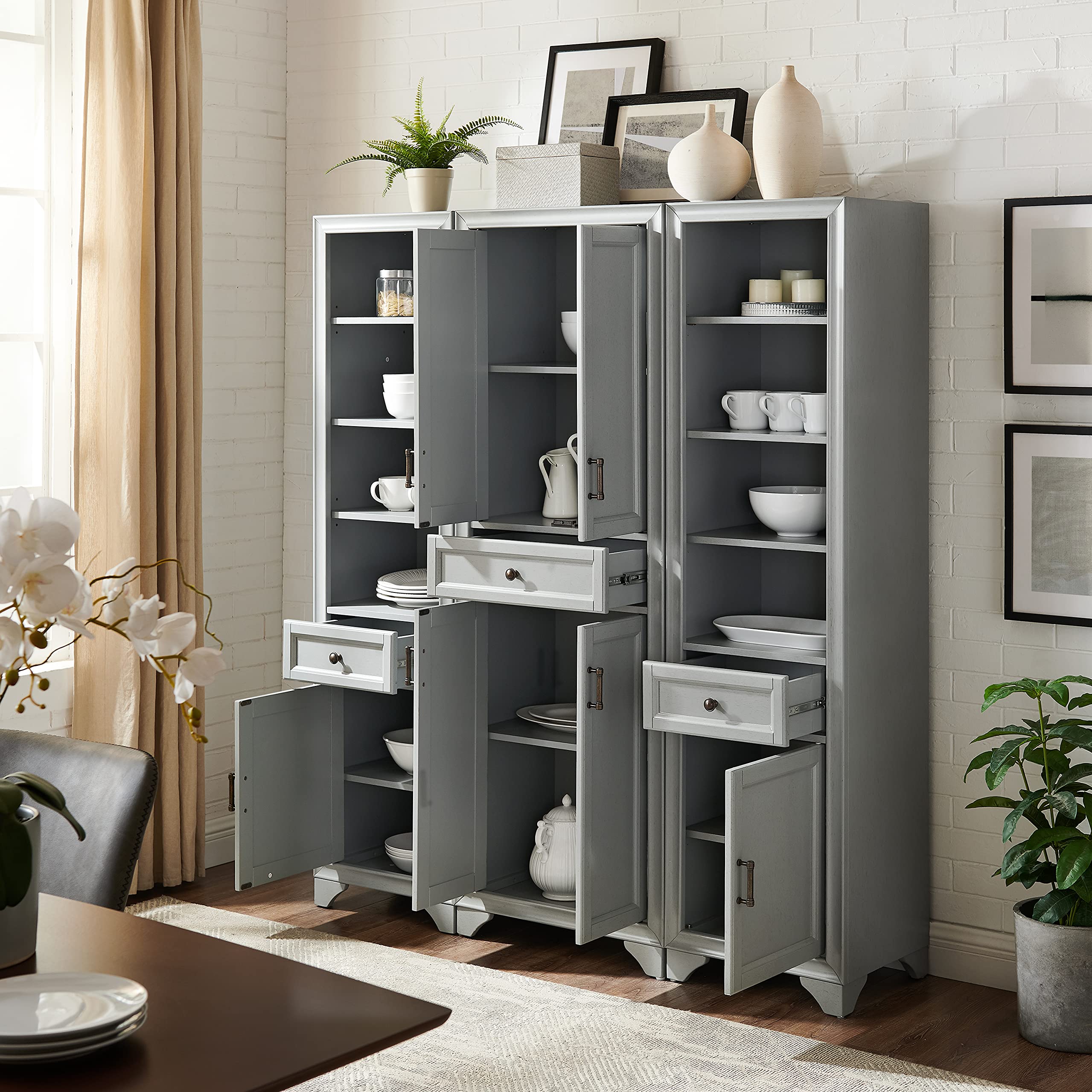 Crosley Furniture Tara 3-Piece Pantry Storage Cabinet Set with Shelves, Kitchen, Dining, or Laundry Room, Distressed Gray - Image 10